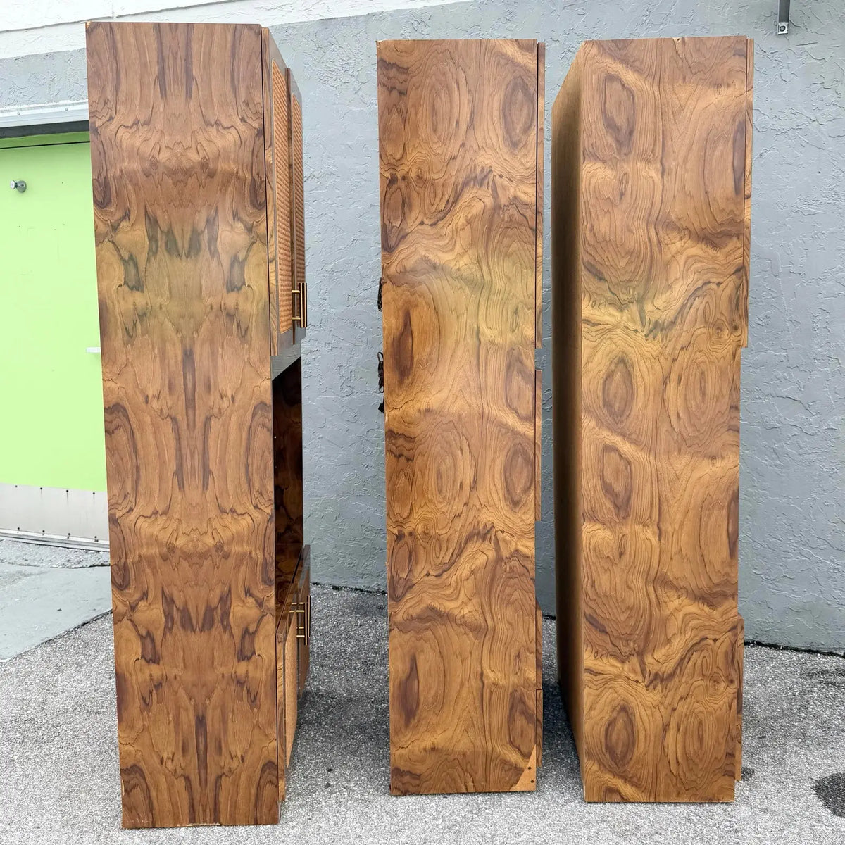 Mid Century Modern Burlwood Laminate and Cane Etageres/Wall Unit - Three Pieces