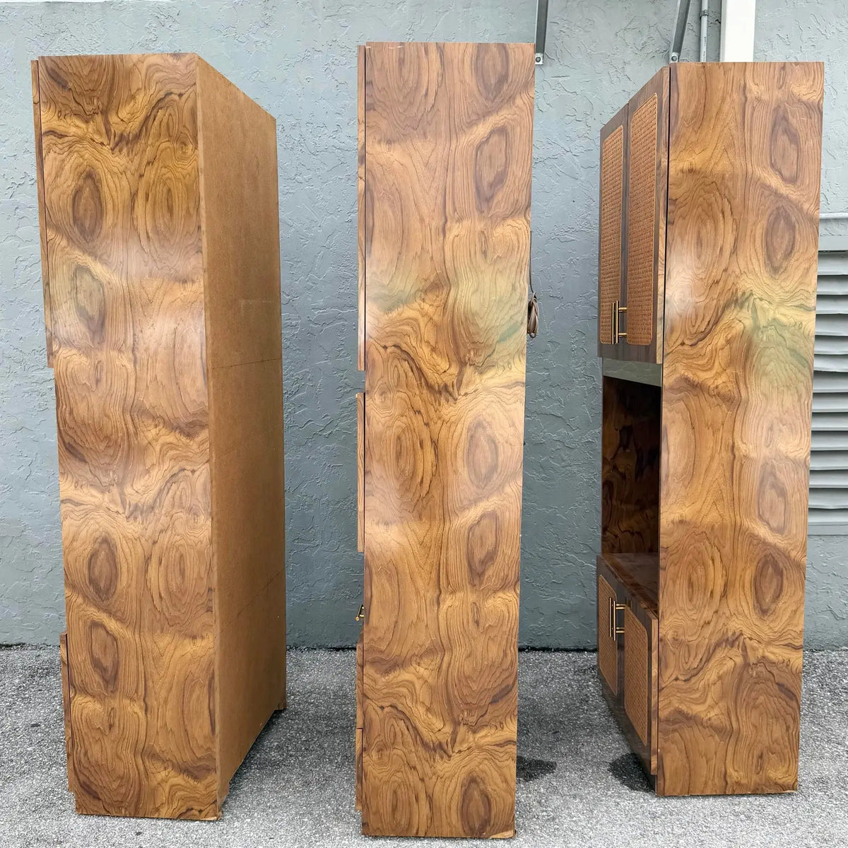 Mid Century Modern Burlwood Laminate and Cane Etageres/Wall Unit - Three Pieces