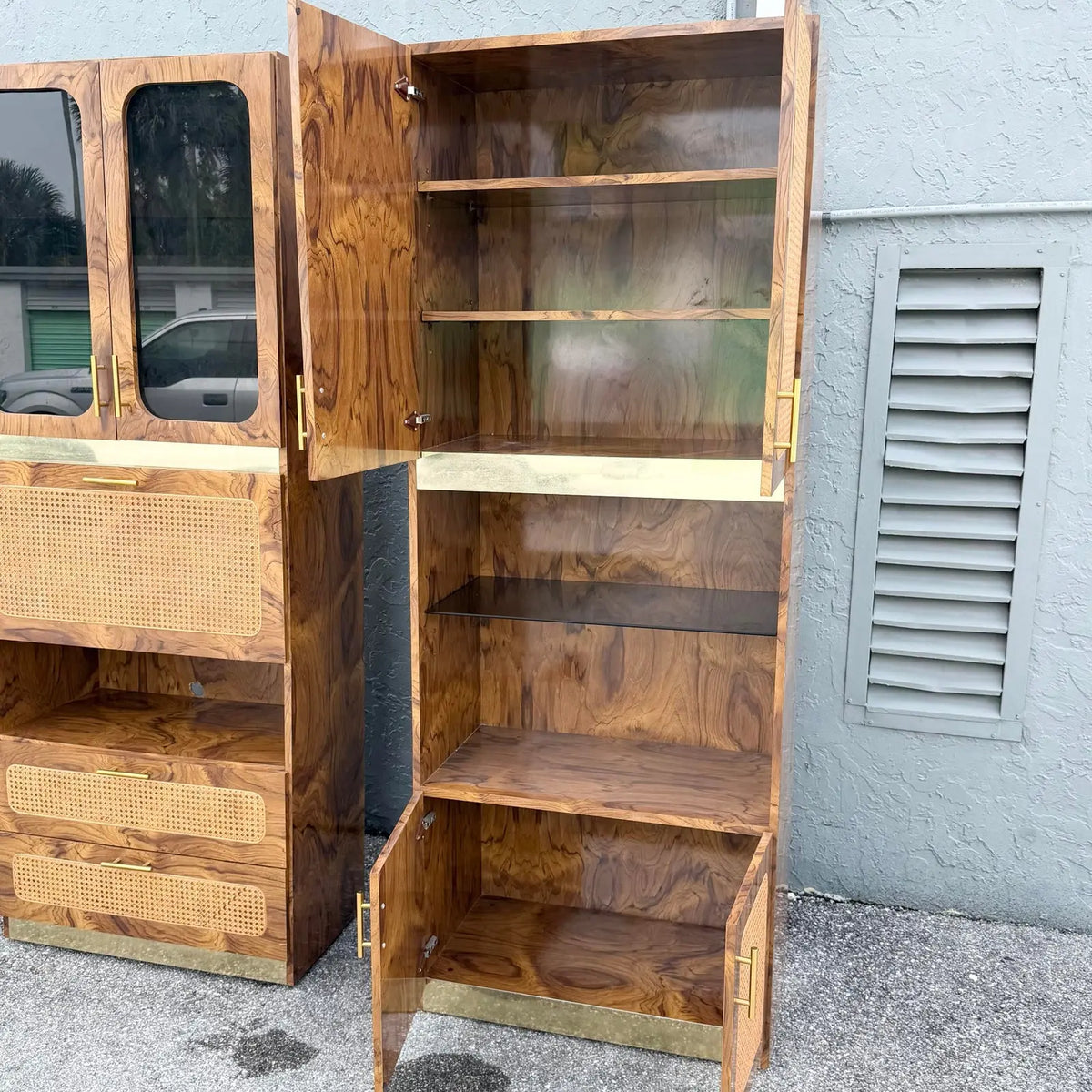 Mid Century Modern Burlwood Laminate and Cane Etageres/Wall Unit - Three Pieces