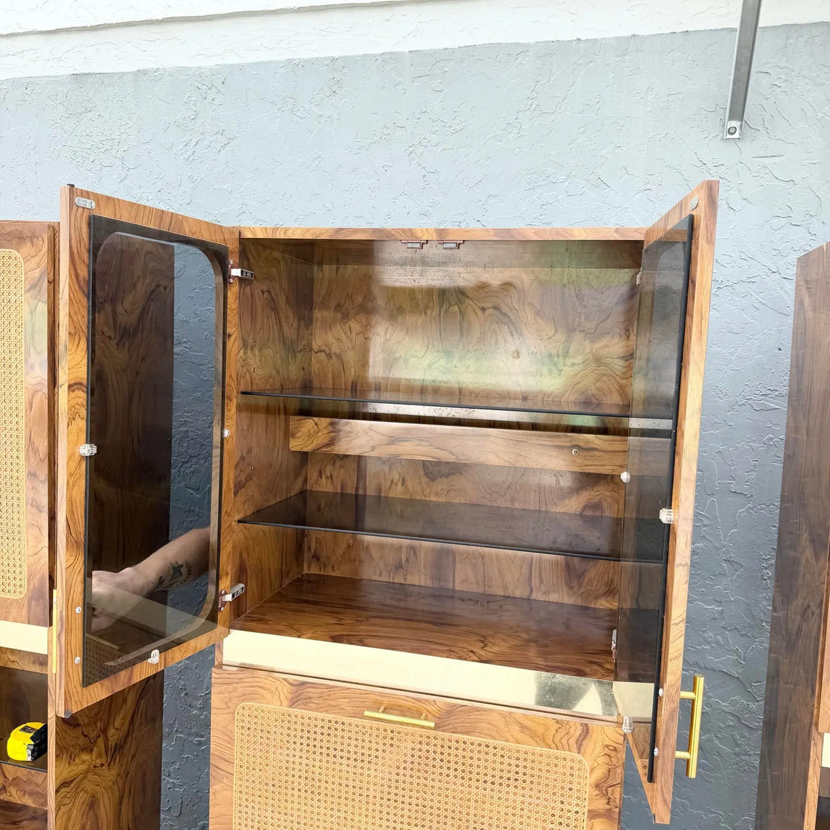 Mid Century Modern Burlwood Laminate and Cane Etageres/Wall Unit - Three Pieces