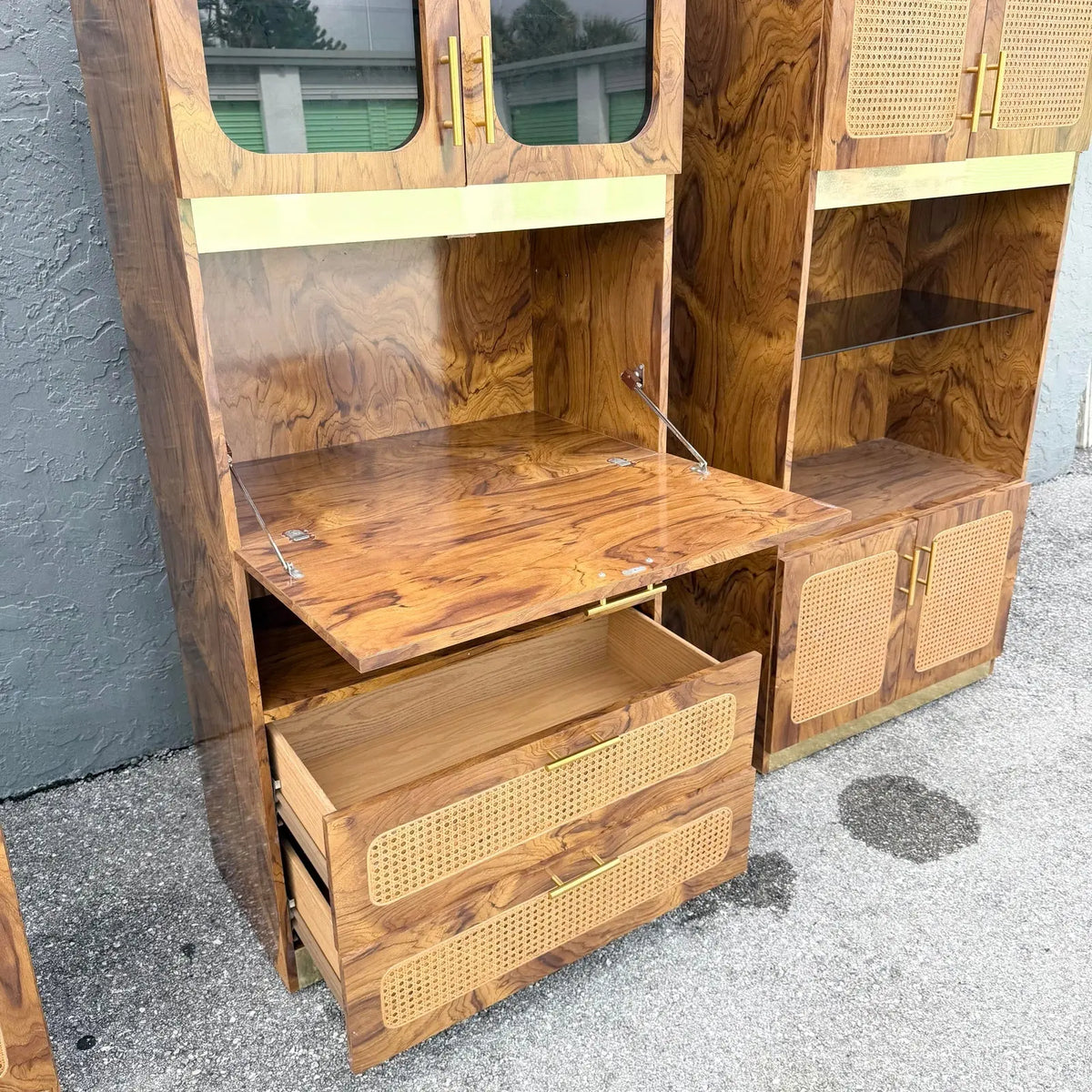 Mid Century Modern Burlwood Laminate and Cane Etageres/Wall Unit - Three Pieces