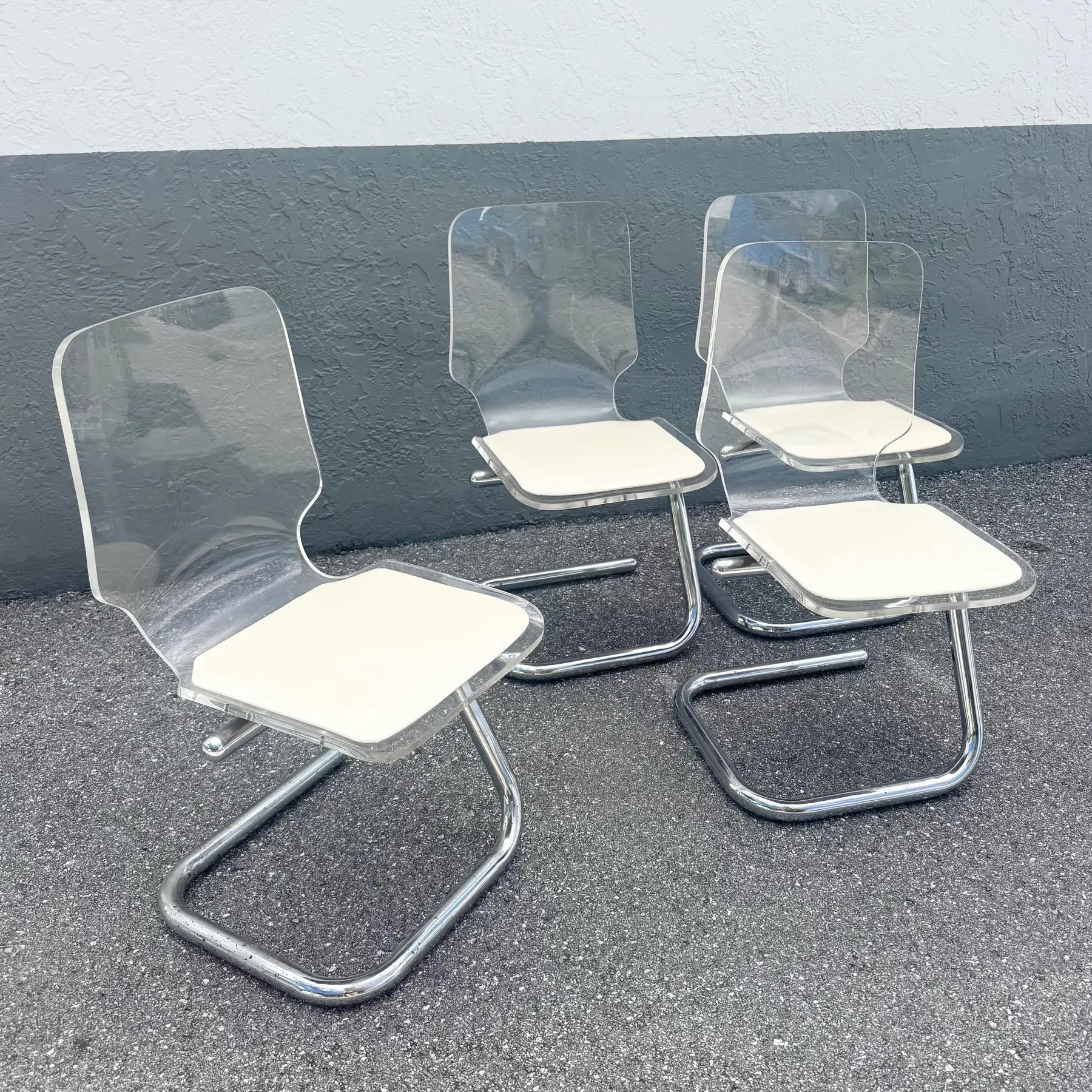 Mid Century Modern Chrome and Lucite Dining Chairs by Hill Manufacturing - Set of 4 Dolphin & Flamingo