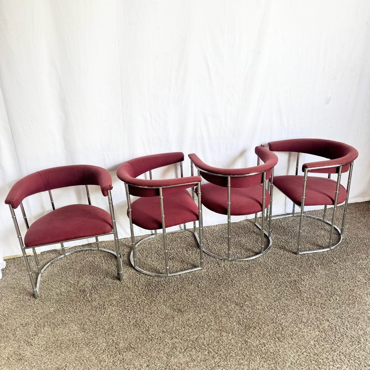 Mid Century Modern Chrome Faux Bamboo Dining Arm Chairs - Set of 4 - Dolphin & Flamingo
