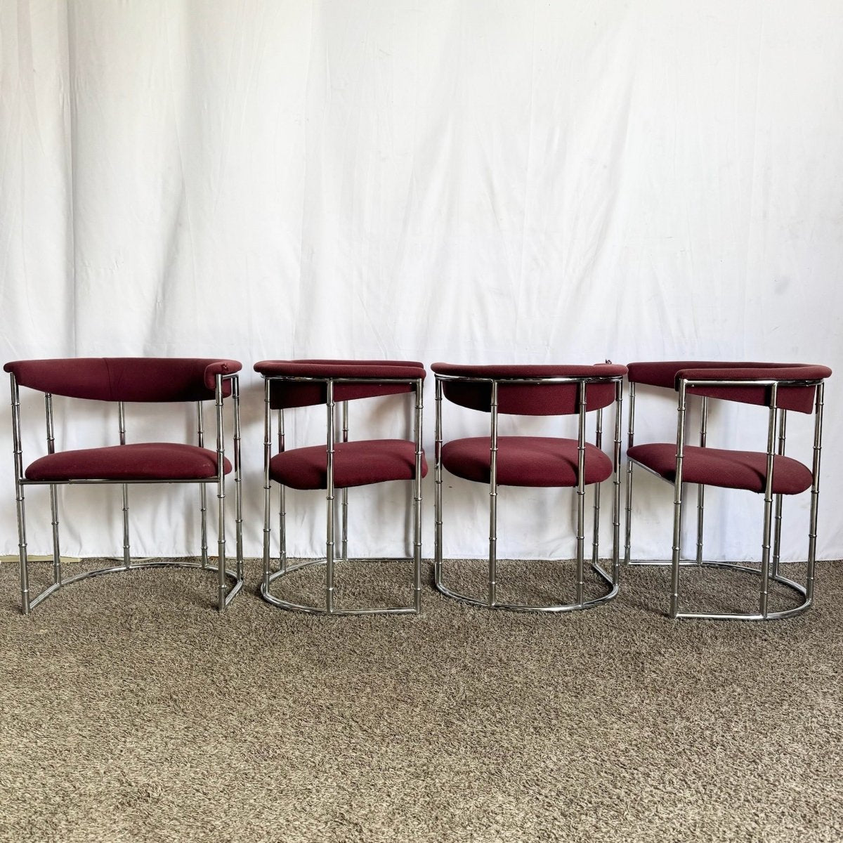 Mid Century Modern Chrome Faux Bamboo Dining Arm Chairs - Set of 4 - Dolphin & Flamingo