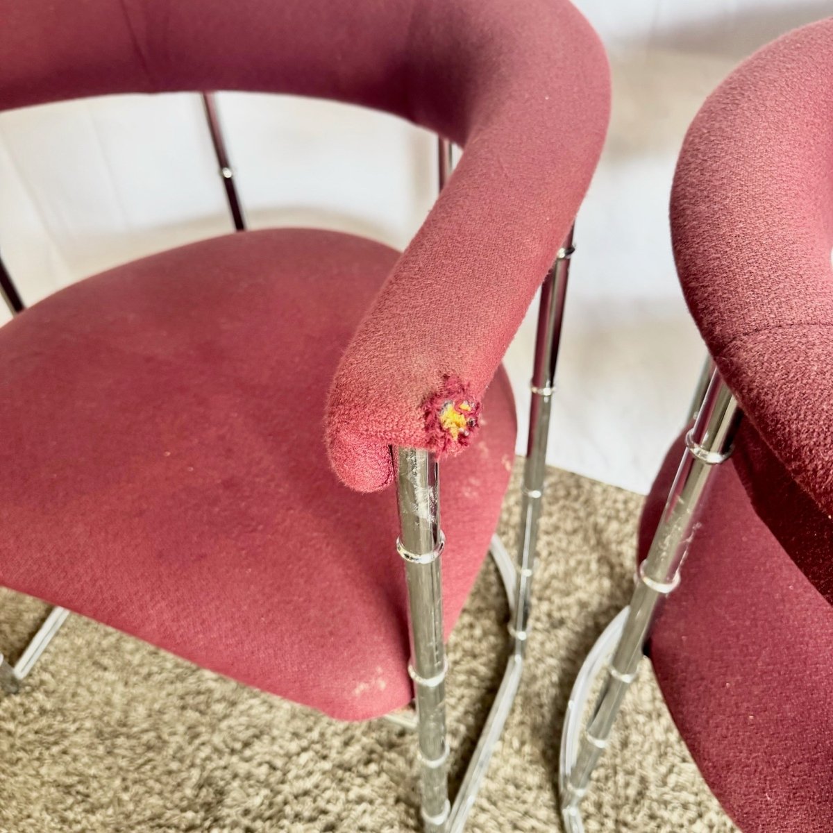 Mid Century Modern Chrome Faux Bamboo Dining Arm Chairs - Set of 4 - Dolphin & Flamingo