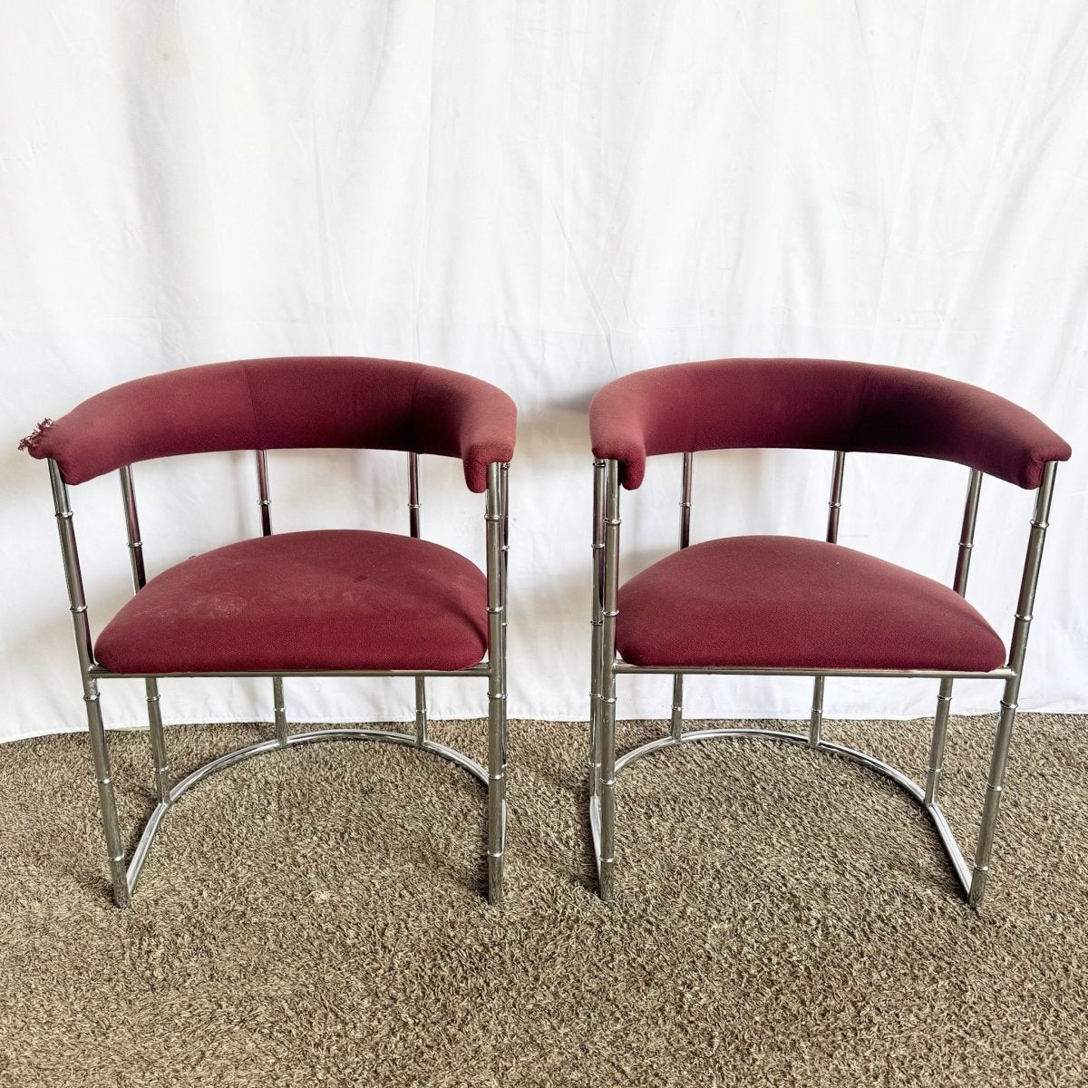 Mid Century Modern Chrome Faux Bamboo Dining Arm Chairs - Set of 4 - Dolphin & Flamingo