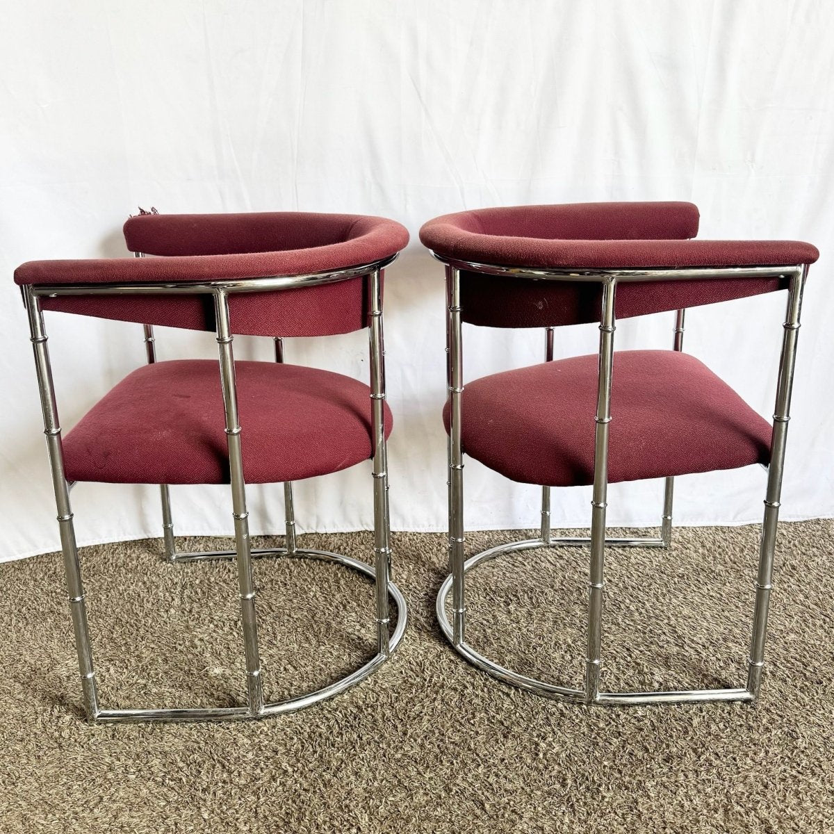 Mid Century Modern Chrome Faux Bamboo Dining Arm Chairs - Set of 4 - Dolphin & Flamingo