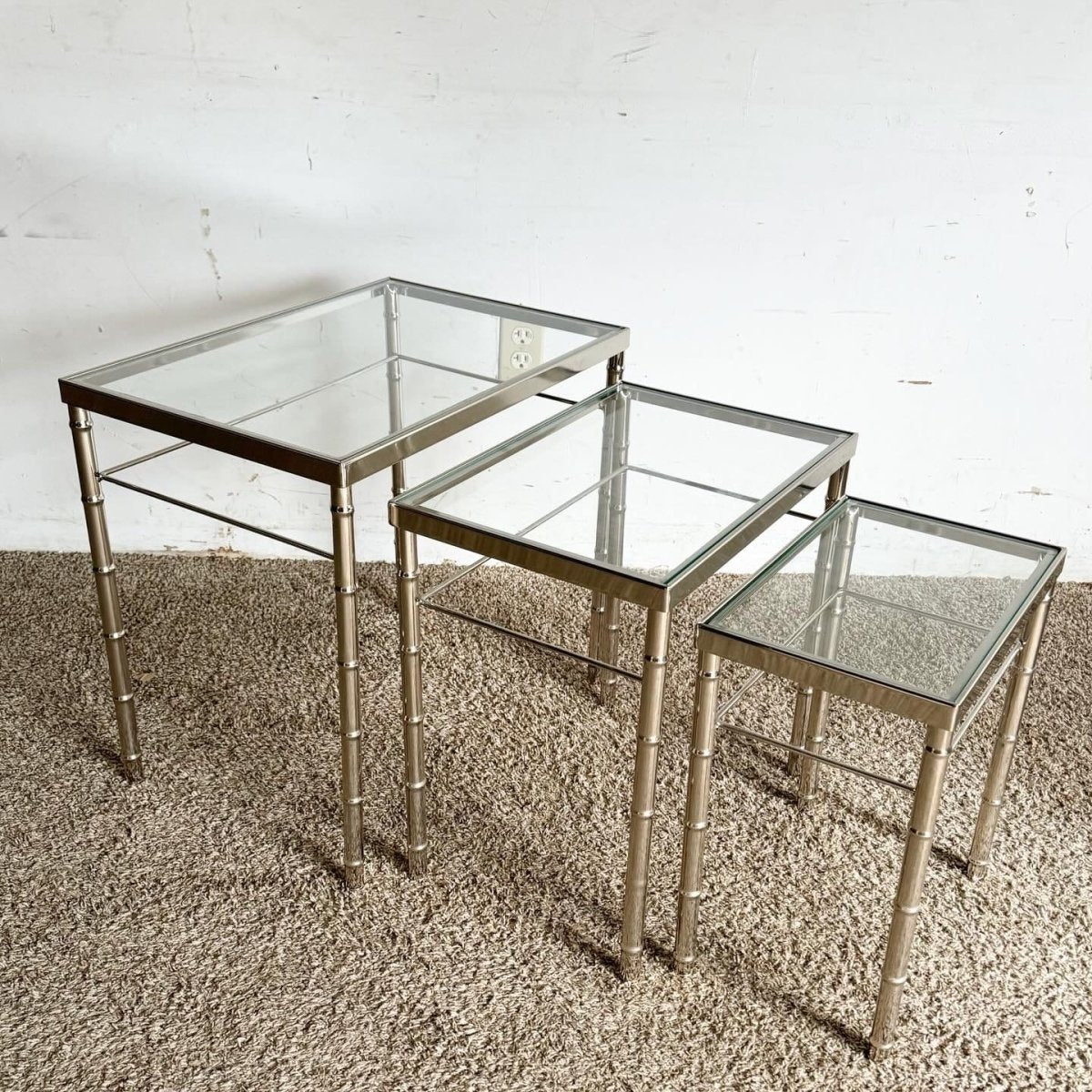 Mid Century Modern Chrome Faux Bamboo Glass Top Nesting Tables - Set of 3 - Dolphin & Flamingo