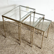Mid Century Modern Chrome Faux Bamboo Glass Top Nesting Tables - Set of 3 - Dolphin & Flamingo