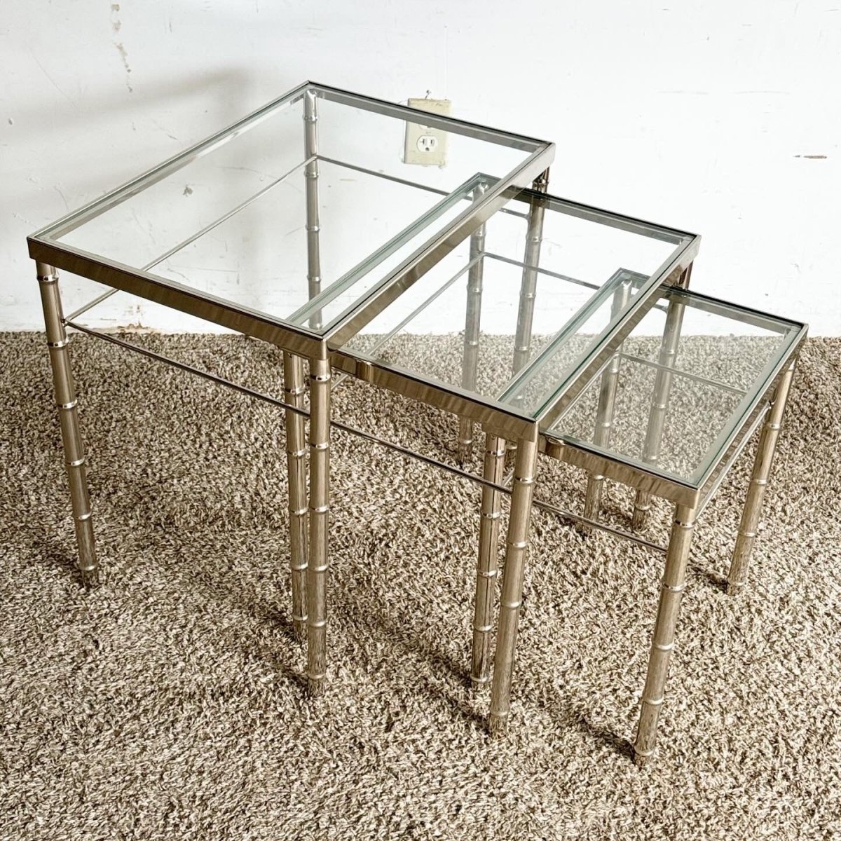 Mid Century Modern Chrome Faux Bamboo Glass Top Nesting Tables - Set of 3 - Dolphin & Flamingo