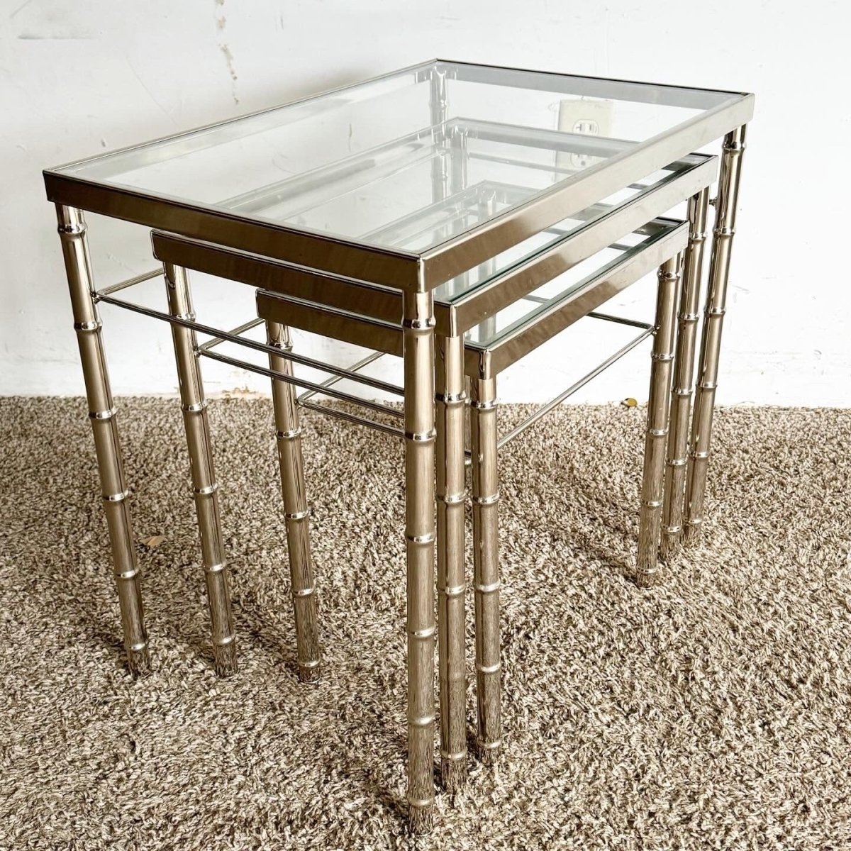 Mid Century Modern Chrome Faux Bamboo Glass Top Nesting Tables - Set of 3 - Dolphin & Flamingo