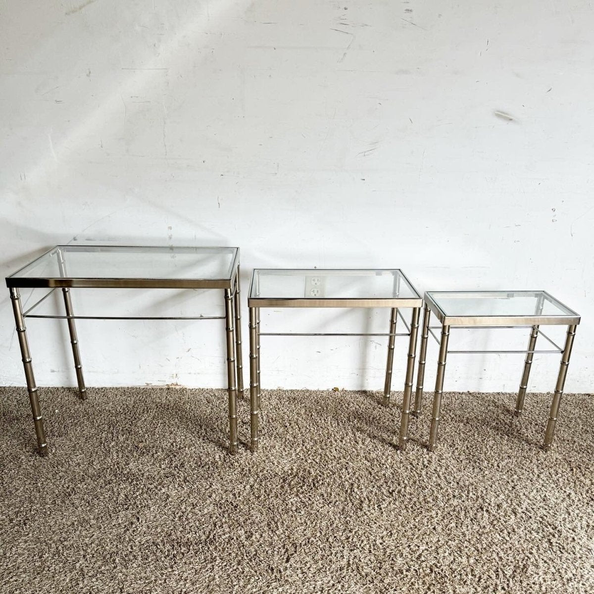 Mid Century Modern Chrome Faux Bamboo Glass Top Nesting Tables - Set of 3 - Dolphin & Flamingo