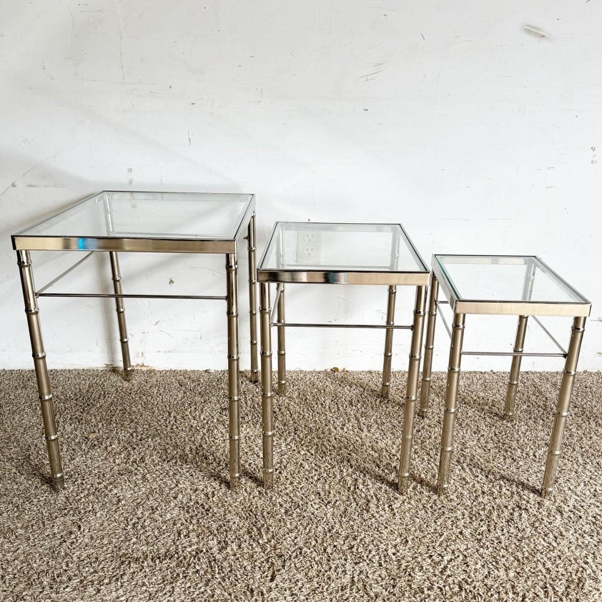 Mid Century Modern Chrome Faux Bamboo Glass Top Nesting Tables - Set of 3 - Dolphin & Flamingo