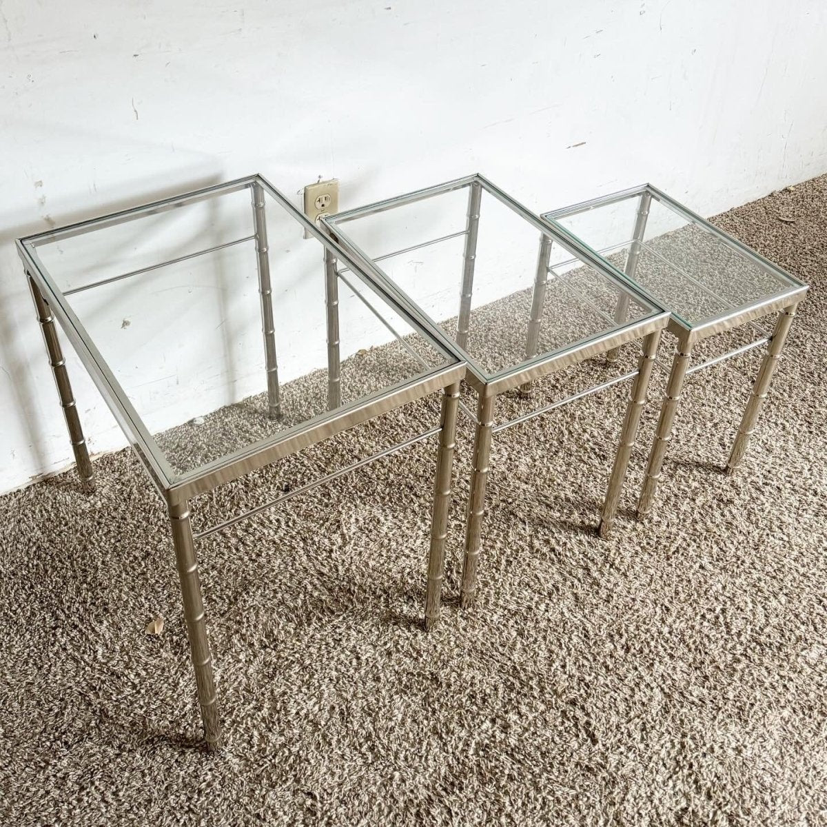 Mid Century Modern Chrome Faux Bamboo Glass Top Nesting Tables - Set of 3 - Dolphin & Flamingo