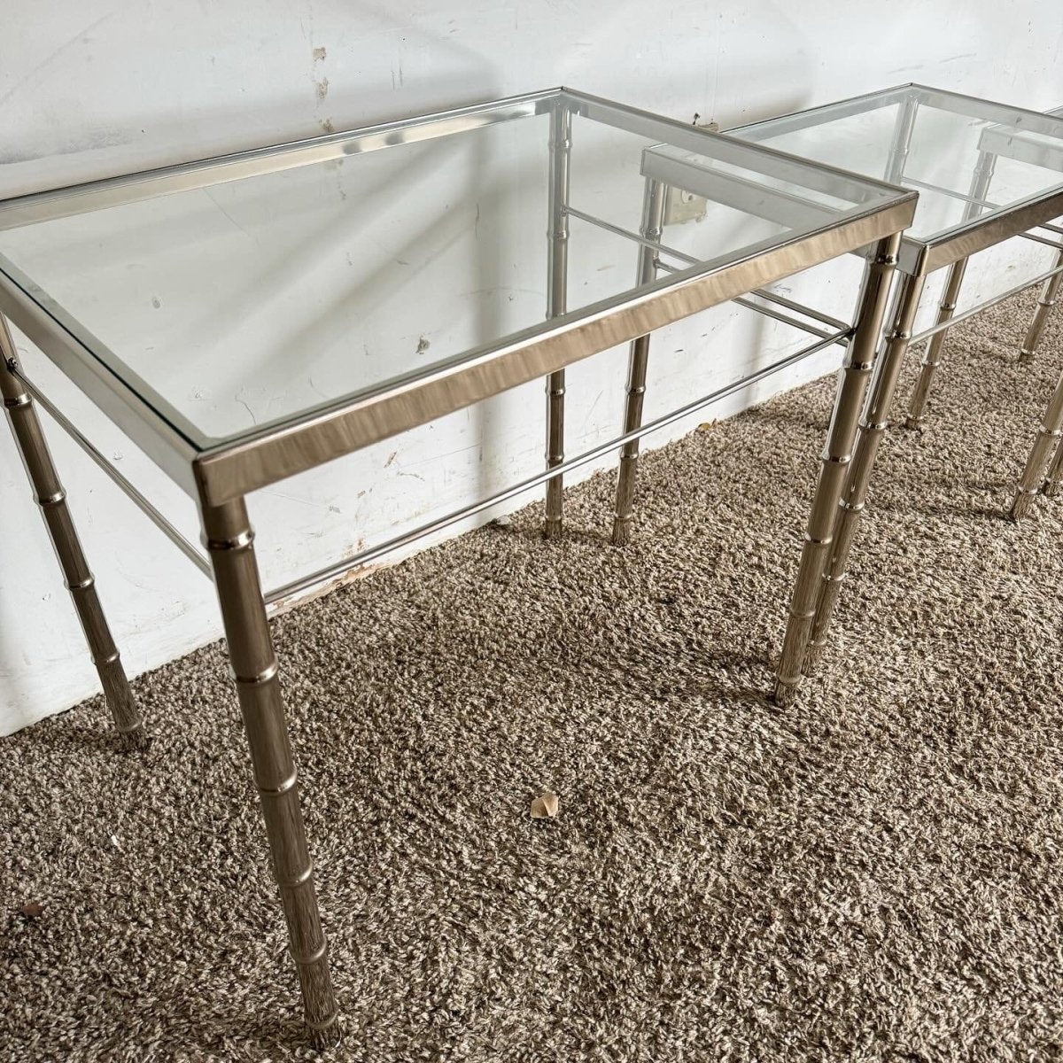 Mid Century Modern Chrome Faux Bamboo Glass Top Nesting Tables - Set of 3 - Dolphin & Flamingo