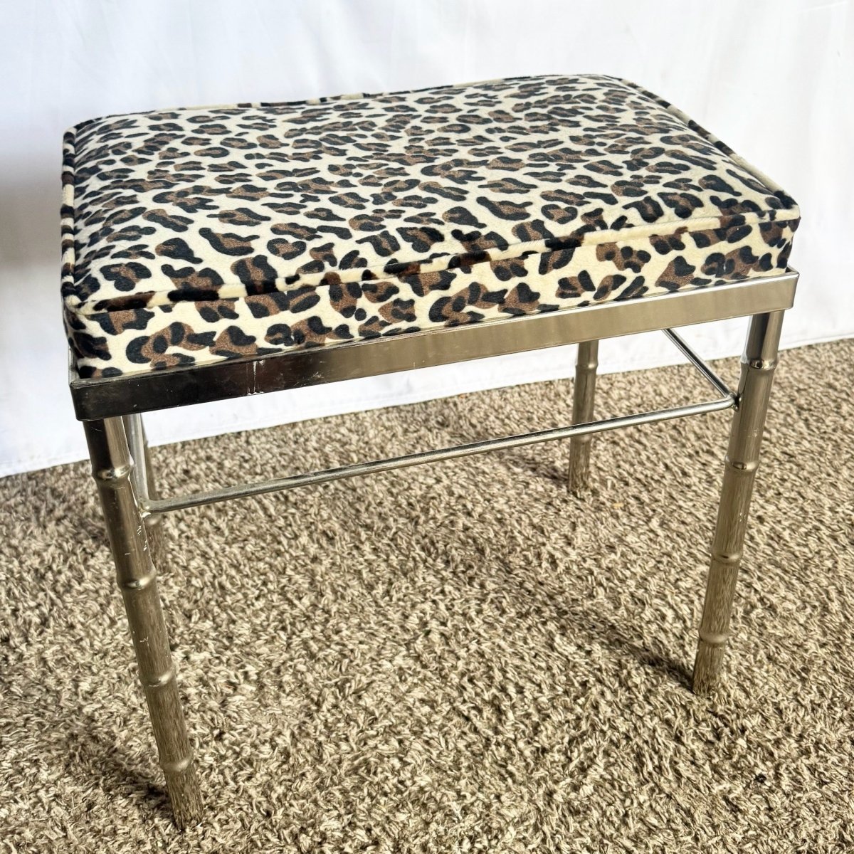 Mid Century Modern Faux Bamboo Chrome Leopard Print Low Stool - Dolphin & Flamingo