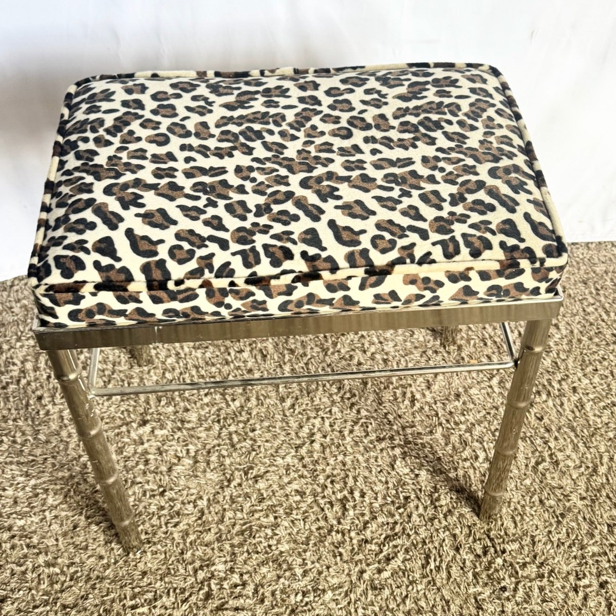 Mid Century Modern Faux Bamboo Chrome Leopard Print Low Stool - Dolphin & Flamingo