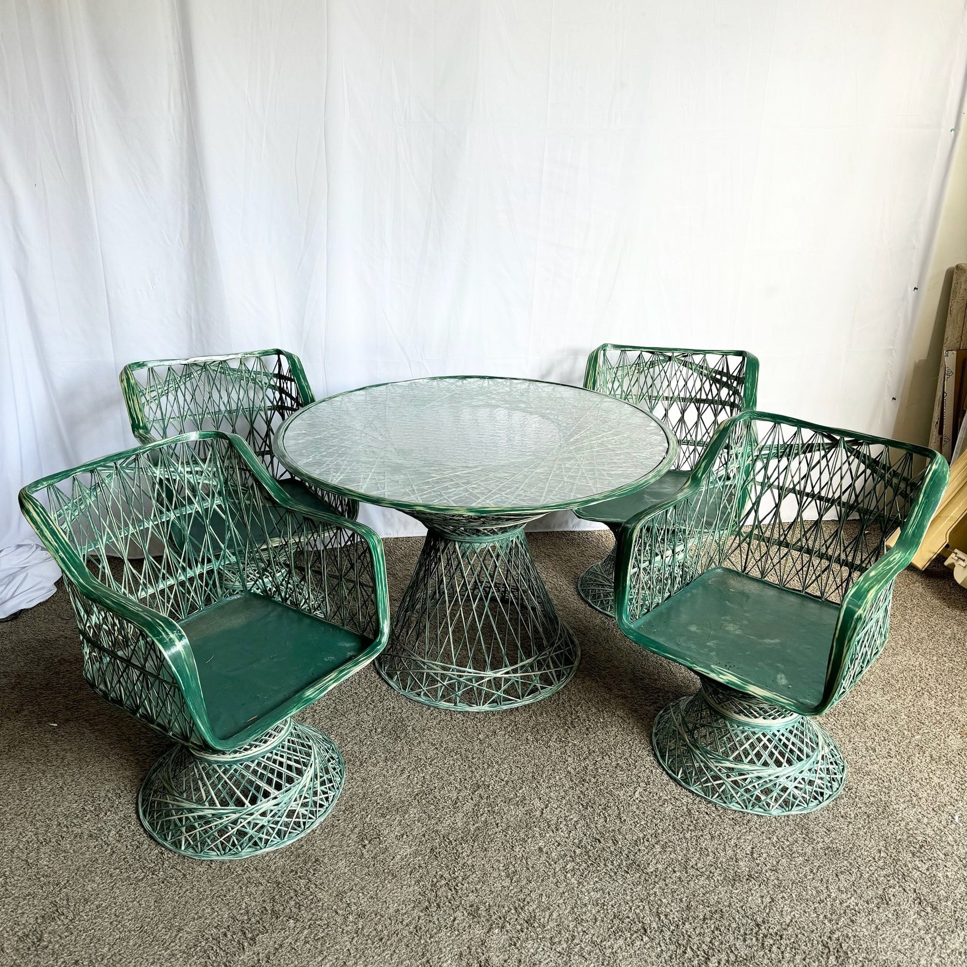 Mid Century Modern Green Spun Fiberglass Dining Set - 5 Pieces - Dolphin & Flamingo