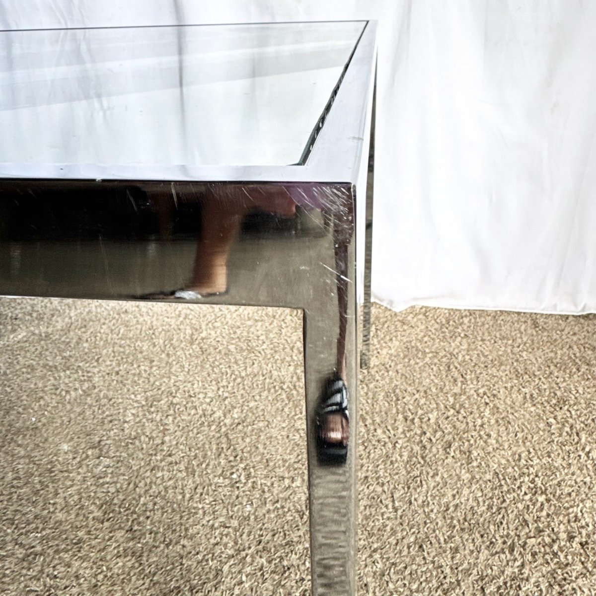 Mid Century Modern Lattice Chrome Inlaid Glass Top Dining/Card Table - Dolphin & Flamingo