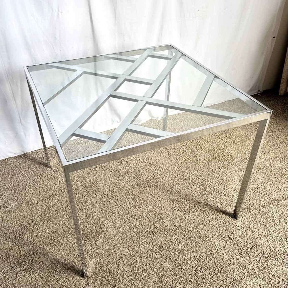 Mid Century Modern Lattice Chrome Inlaid Glass Top Dining/Card Table - Dolphin & Flamingo