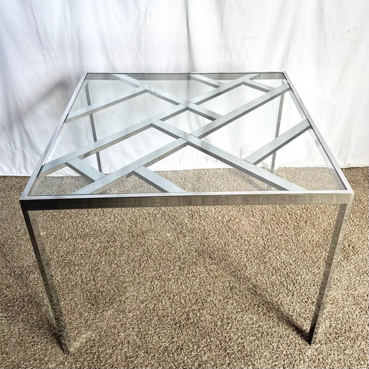 Mid Century Modern Lattice Chrome Inlaid Glass Top Dining/Card Table - Dolphin & Flamingo