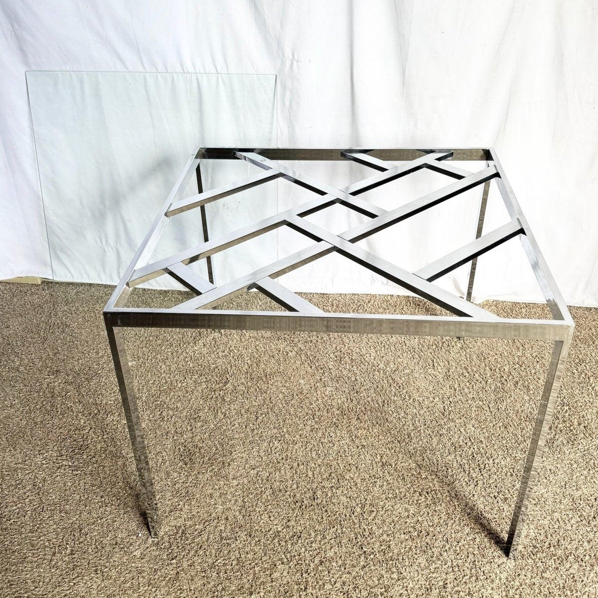 Mid Century Modern Lattice Chrome Inlaid Glass Top Dining/Card Table - Dolphin & Flamingo
