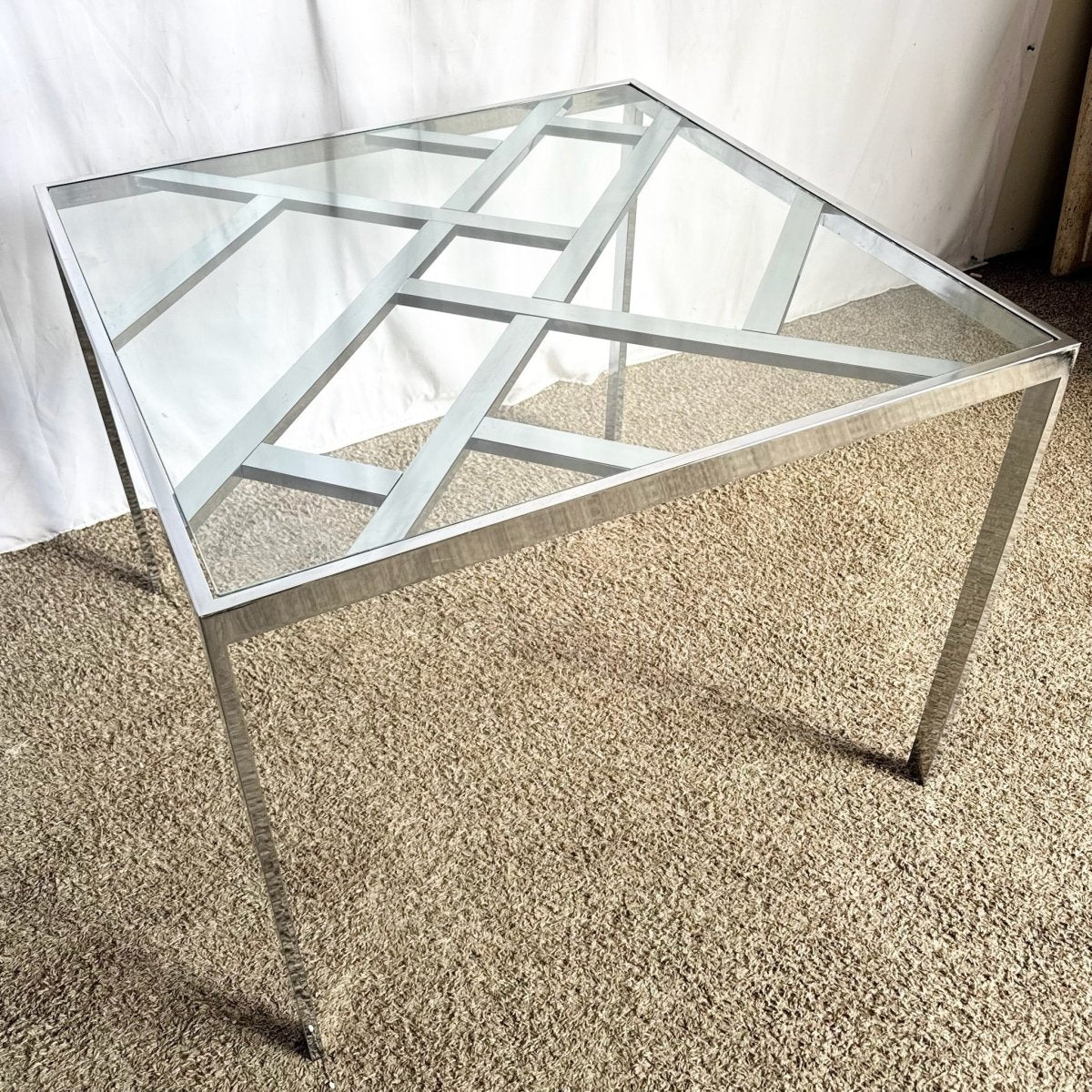 Mid Century Modern Lattice Chrome Inlaid Glass Top Dining/Card Table - Dolphin & Flamingo