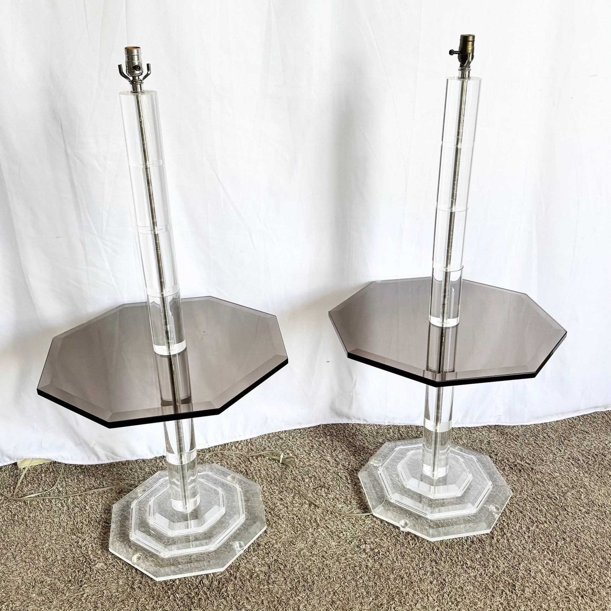 Mid Century Modern Lucite and Smoked Glass Octagonal Floor Lamp/Side Tables - A Pair - Dolphin & Flamingo