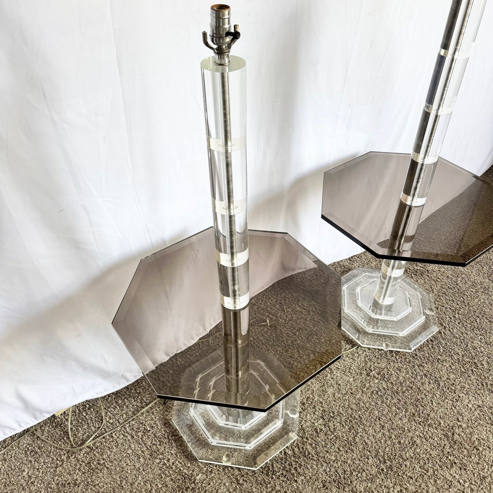 Mid Century Modern Lucite and Smoked Glass Octagonal Floor Lamp/Side Tables - A Pair - Dolphin & Flamingo
