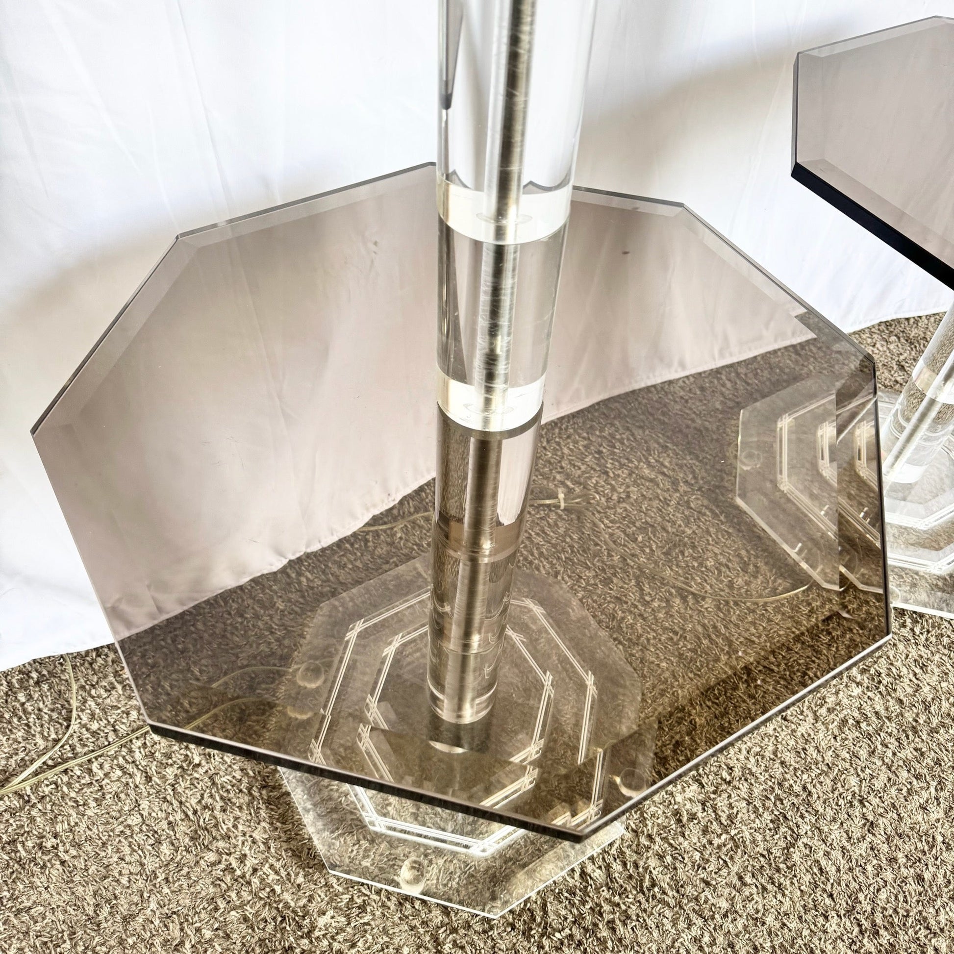 Mid Century Modern Lucite and Smoked Glass Octagonal Floor Lamp/Side Tables - A Pair - Dolphin & Flamingo