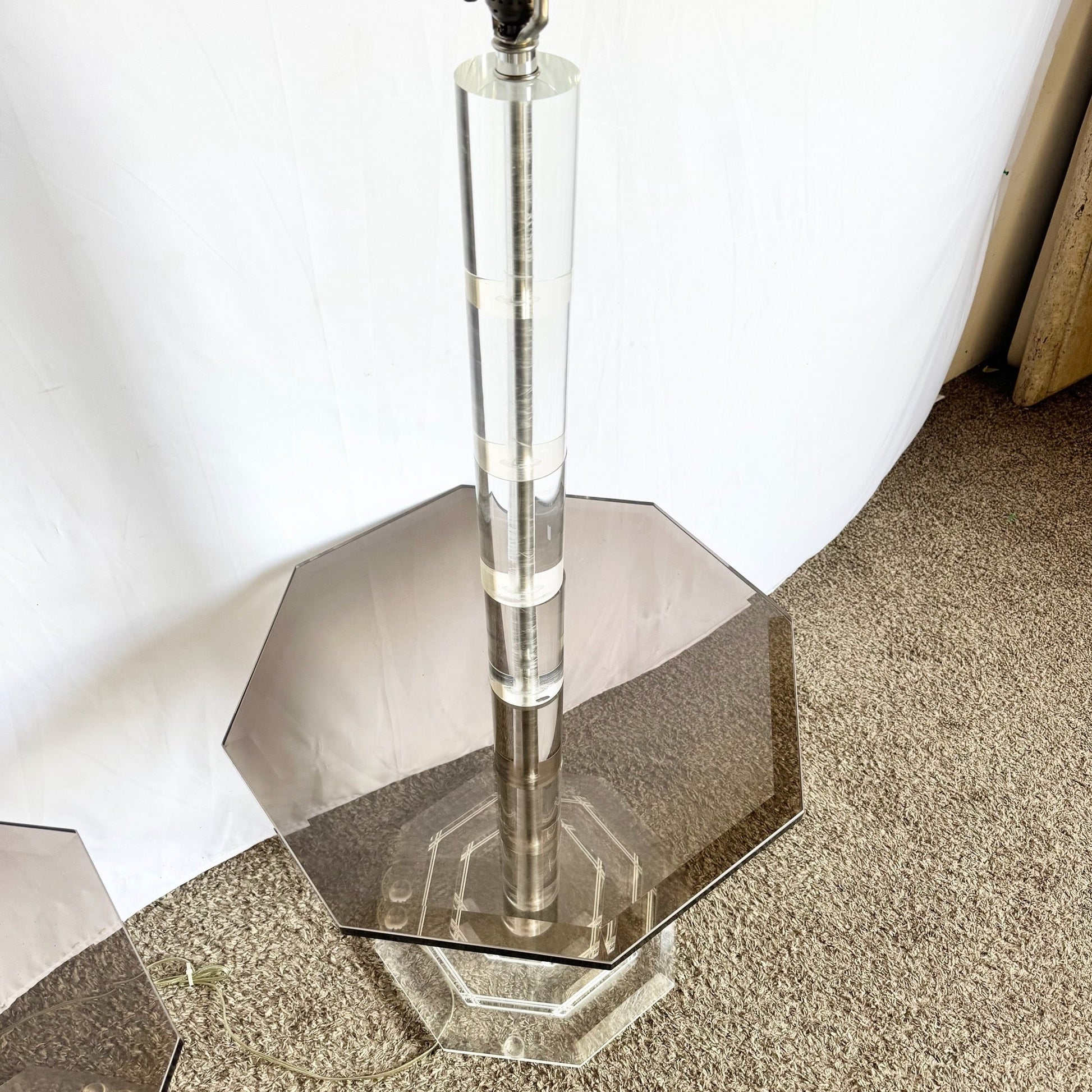 Mid Century Modern Lucite and Smoked Glass Octagonal Floor Lamp/Side Tables - A Pair - Dolphin & Flamingo