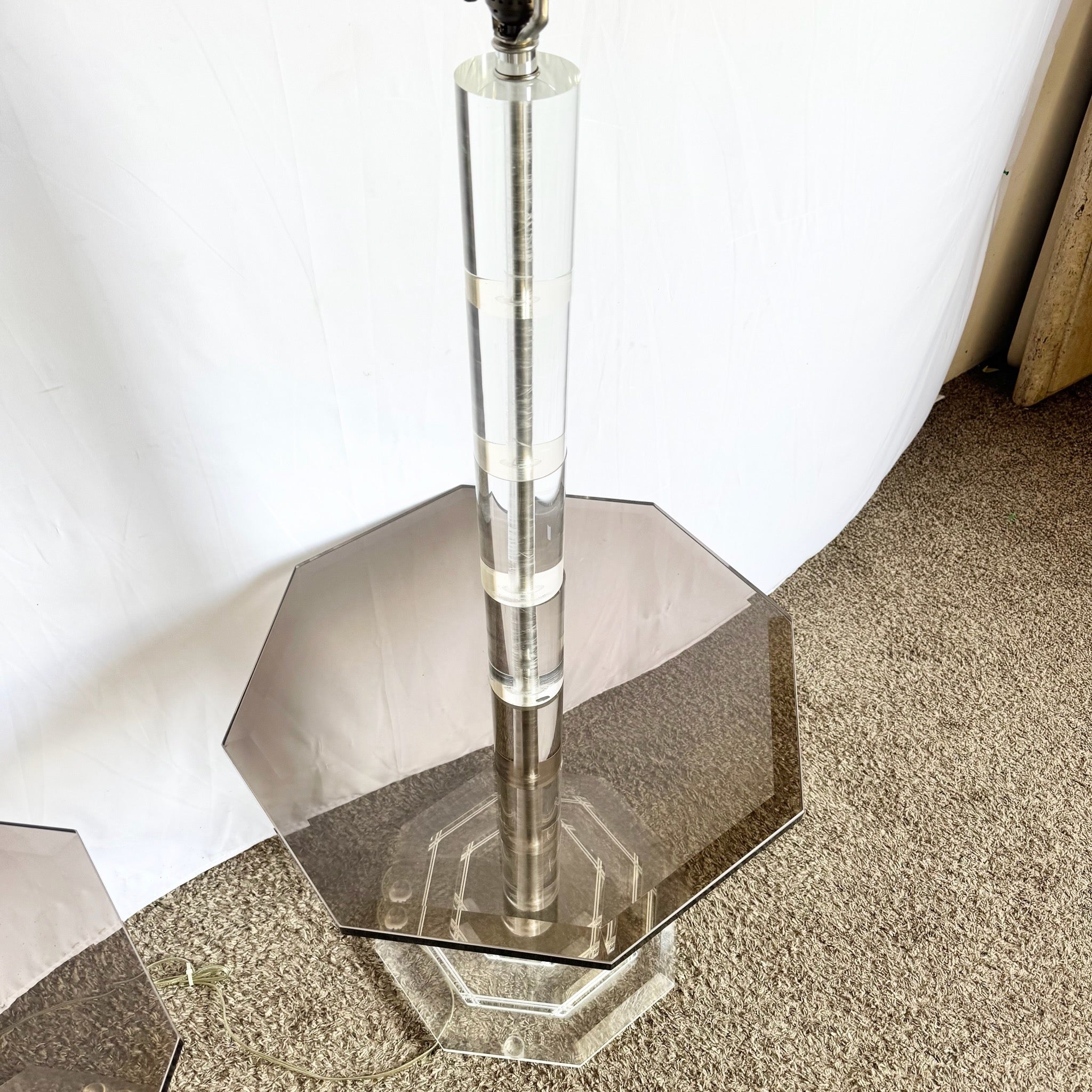 Mid Century Modern Lucite and Smoked Glass Octagonal Floor Lamp/Side Tables - A Pair - Dolphin & Flamingo