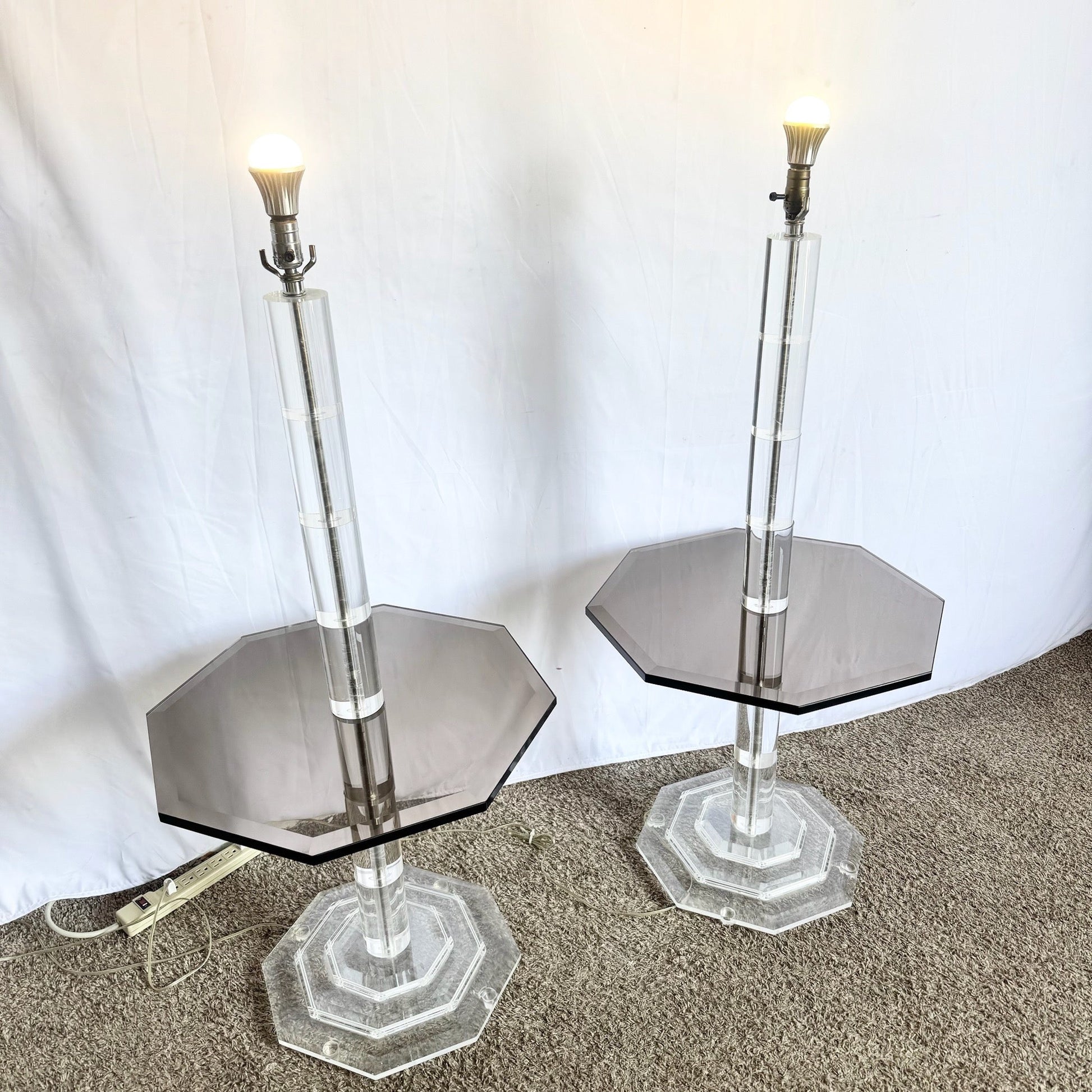 Mid Century Modern Lucite and Smoked Glass Octagonal Floor Lamp/Side Tables - A Pair - Dolphin & Flamingo
