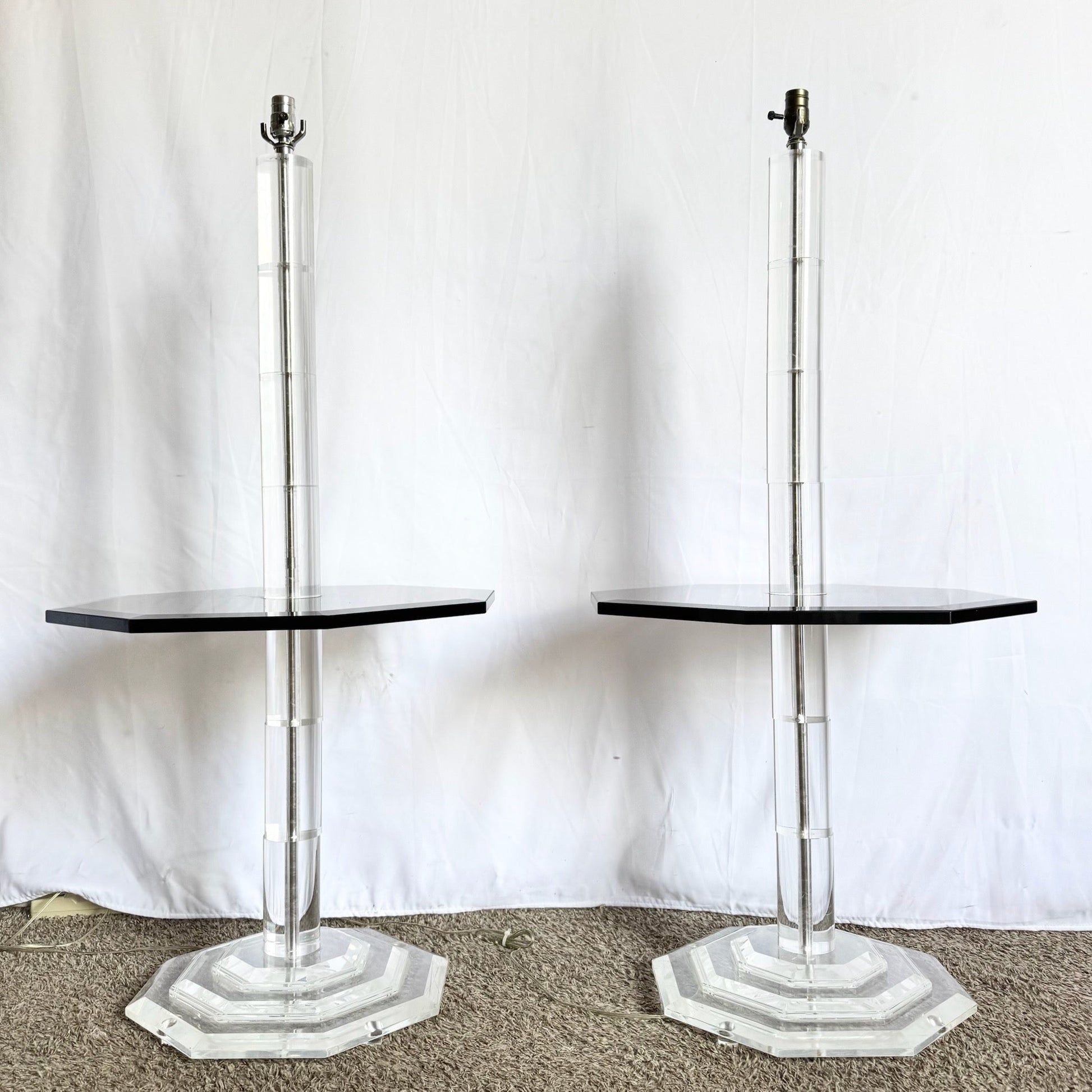 Mid Century Modern Lucite and Smoked Glass Octagonal Floor Lamp/Side Tables - A Pair - Dolphin & Flamingo