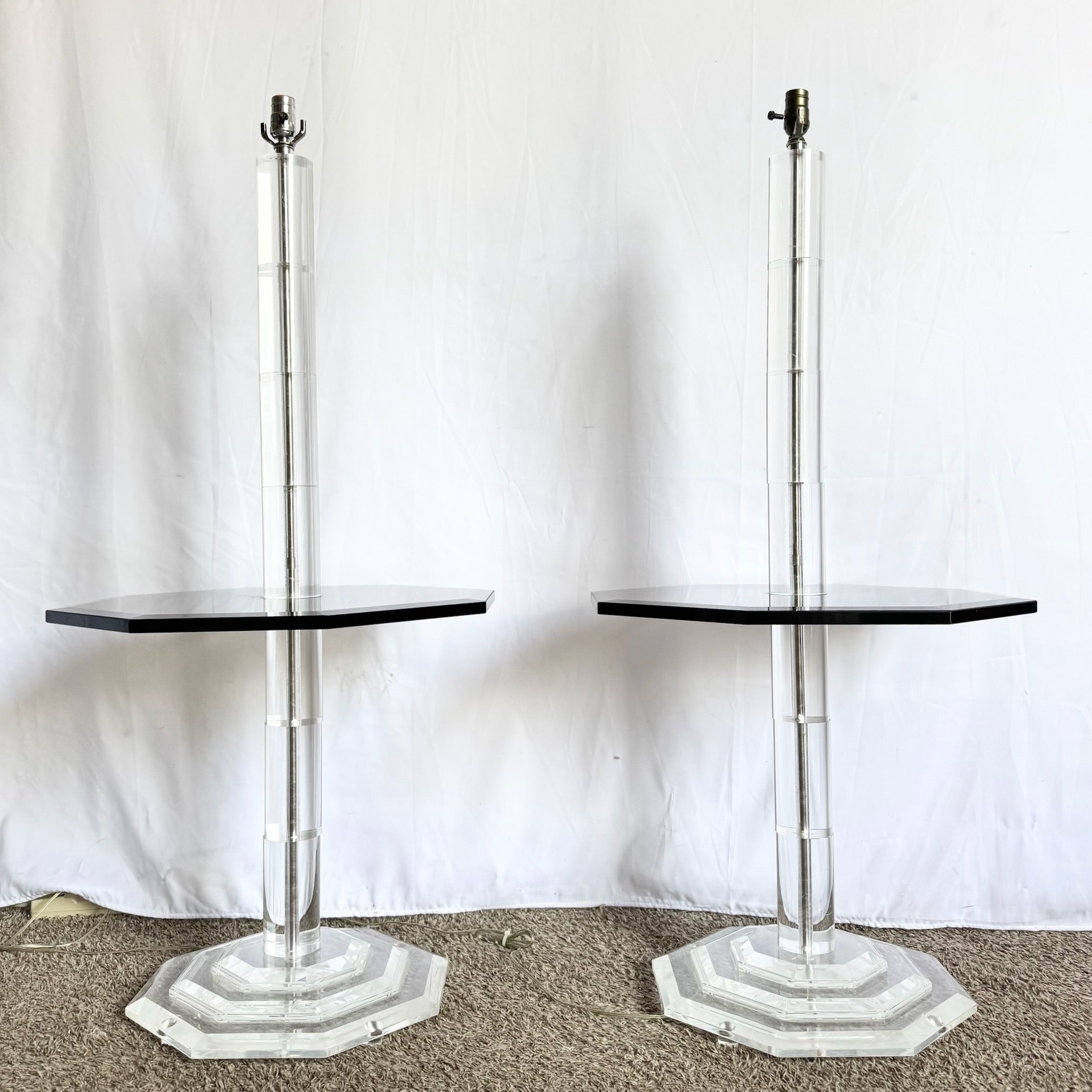 Mid Century Modern Lucite and Smoked Glass Octagonal Floor Lamp/Side Tables - A Pair - Dolphin & Flamingo