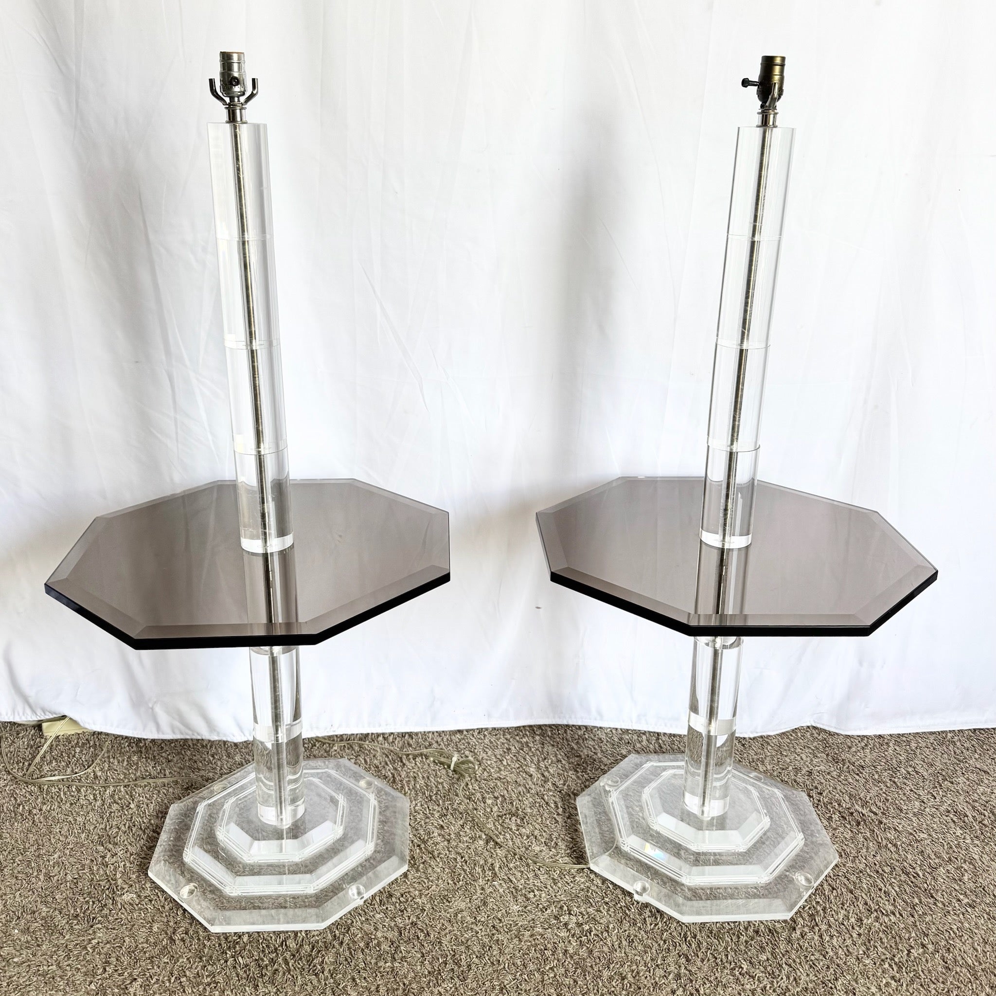 Mid Century Modern Lucite and Smoked Glass Octagonal Floor Lamp/Side Tables - A Pair - Dolphin & Flamingo