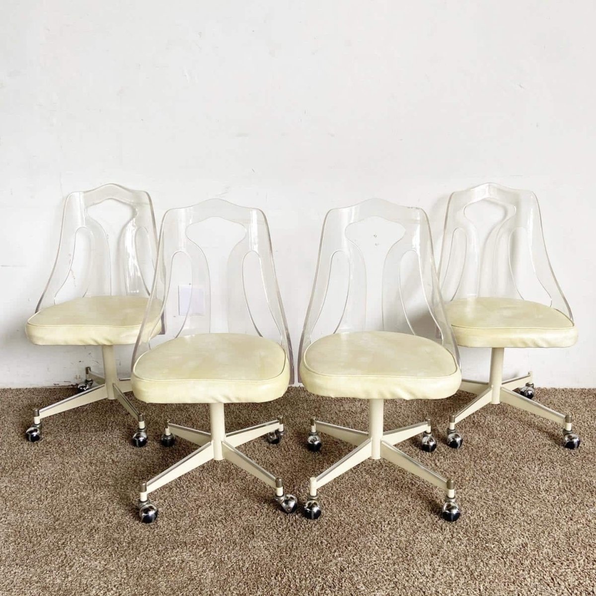 Mid Century Modern Lucite Back Cream Cushion and Metal Dining Chairs 4 Chairs