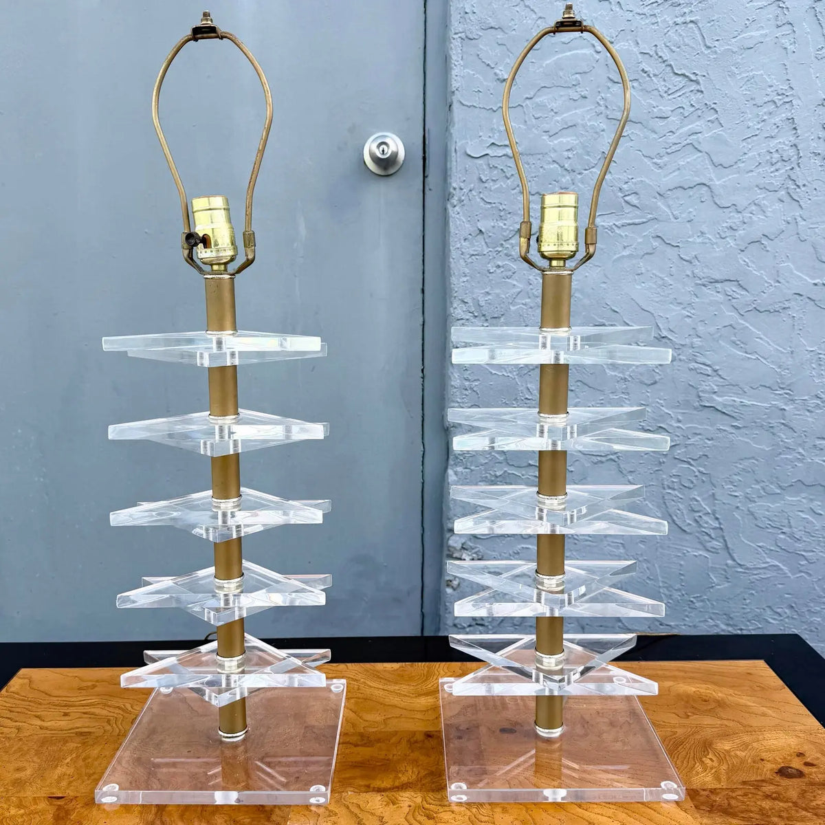 Mid Century Modern “Magen David” Lucite Table Lamps - A Pair