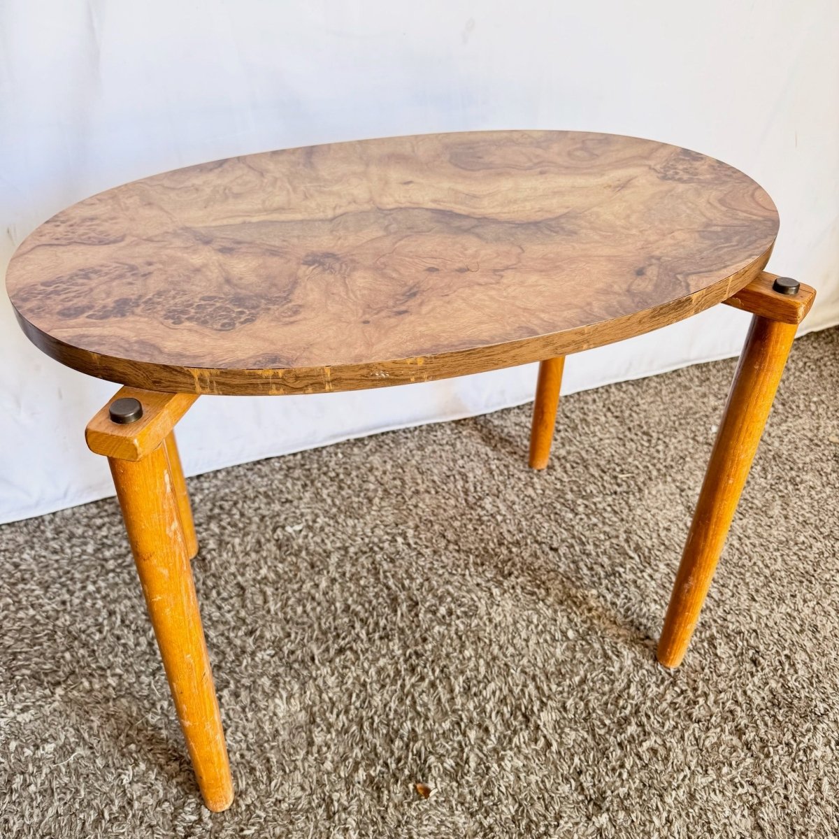 Mid Century Modern Oval Burlwood Laminate Nesting Tables - Dolphin & Flamingo