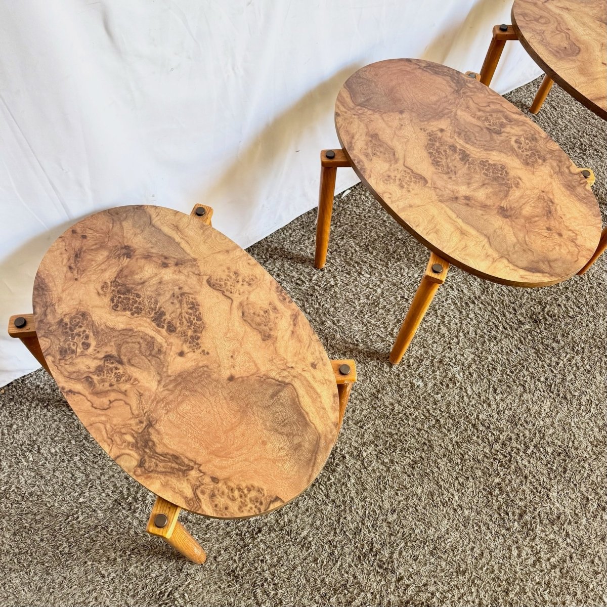 Mid Century Modern Oval Burlwood Laminate Nesting Tables - Dolphin & Flamingo
