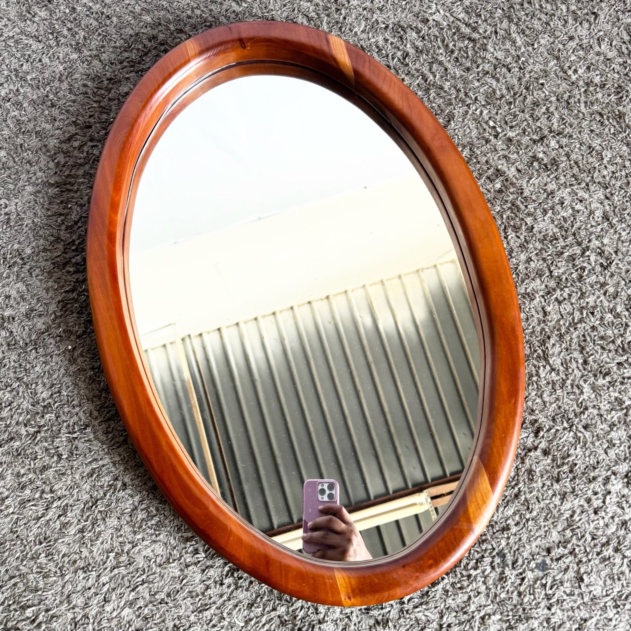 Mid Century Modern Oval Teak Wall Mirror by Joseph King - Dolphin & Flamingo