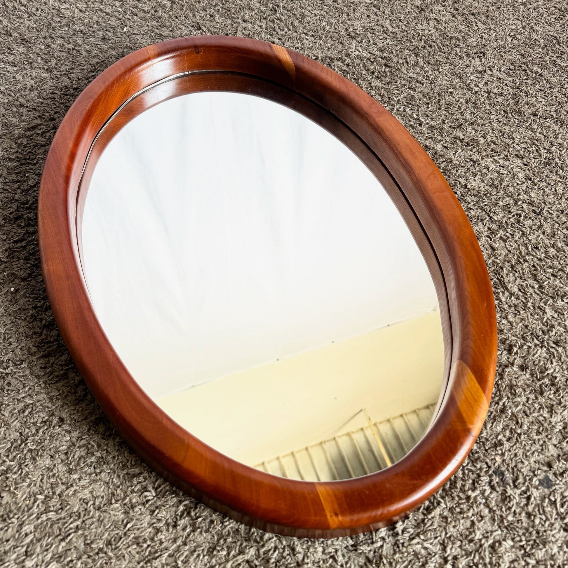 Mid Century Modern Oval Teak Wall Mirror by Joseph King - Dolphin & Flamingo