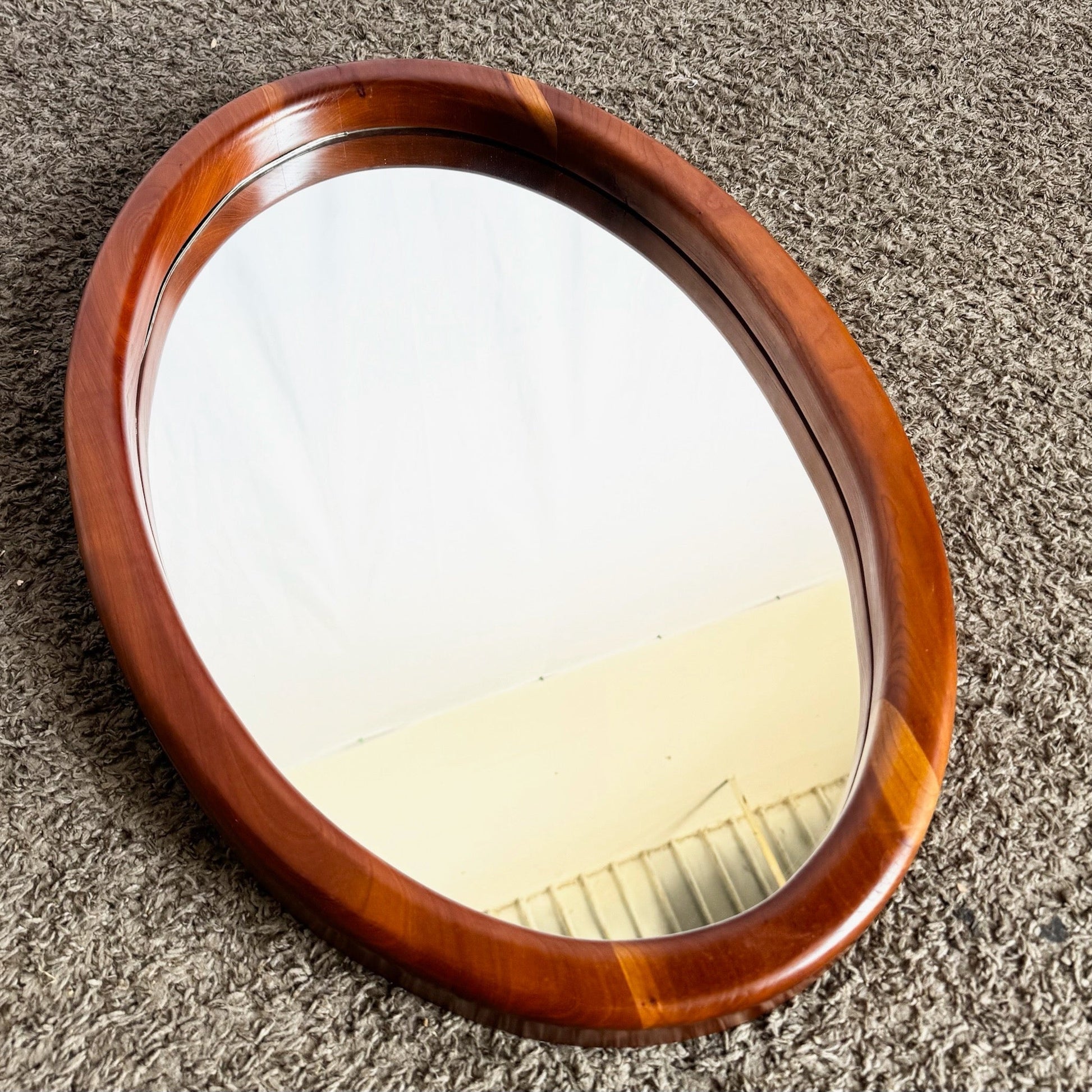 Mid Century Modern Oval Teak Wall Mirror by Joseph King - Dolphin & Flamingo