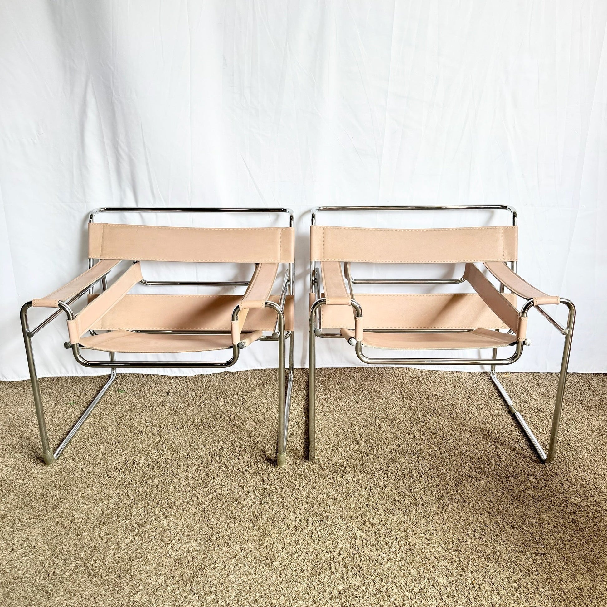 Mid Century Modern Pink and Chrome Lounge Chairs, Wassily Style - A Pair - Dolphin & Flamingo