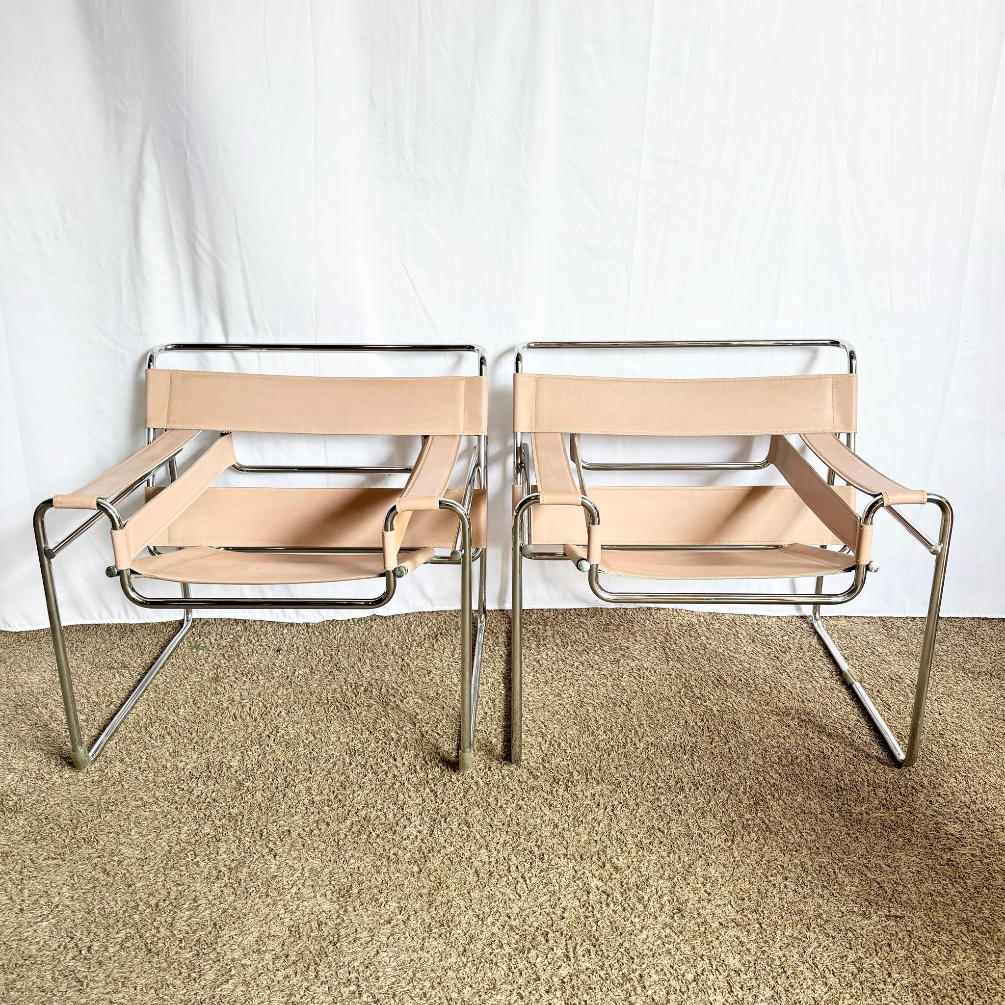 Mid Century Modern Pink and Chrome Lounge Chairs, Wassily Style - A Pair - Dolphin & Flamingo