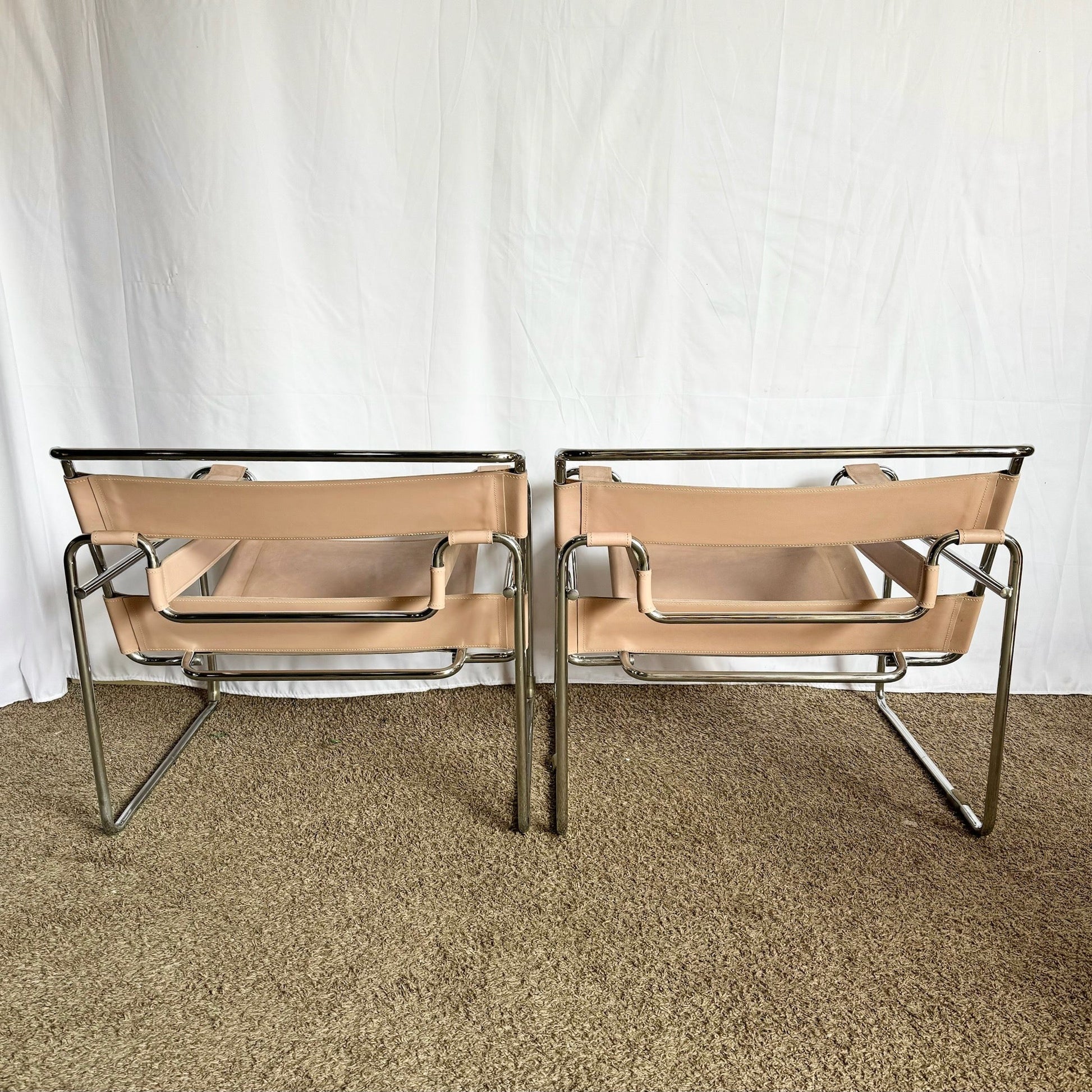 Mid Century Modern Pink and Chrome Lounge Chairs, Wassily Style - A Pair - Dolphin & Flamingo