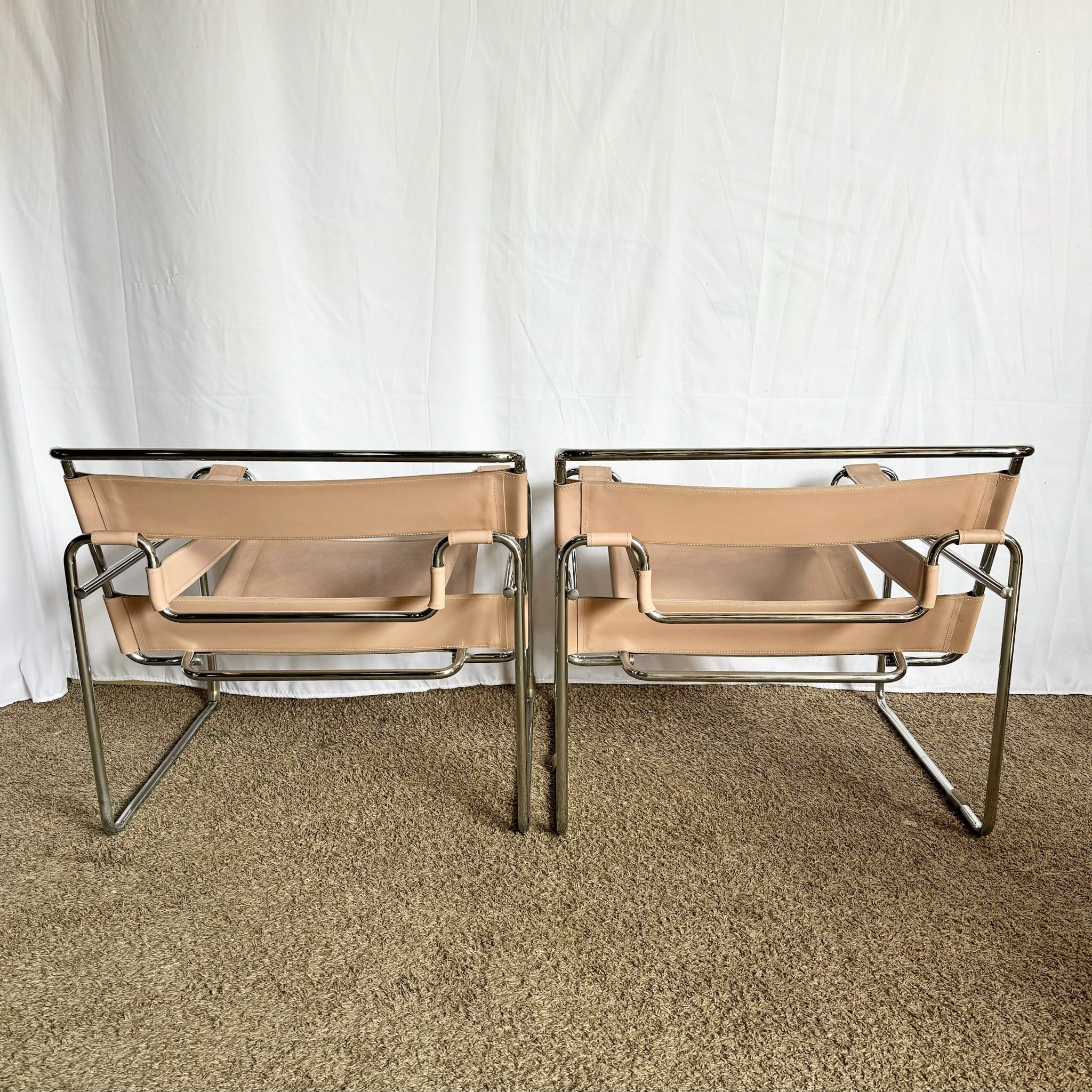 Mid Century Modern Pink and Chrome Lounge Chairs, Wassily Style - A Pair - Dolphin & Flamingo