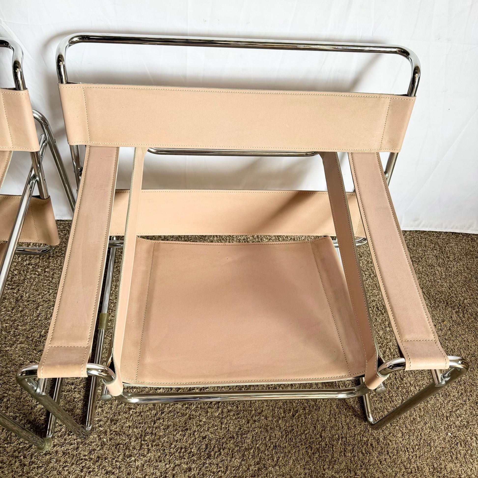 Mid Century Modern Pink and Chrome Lounge Chairs, Wassily Style - A Pair - Dolphin & Flamingo