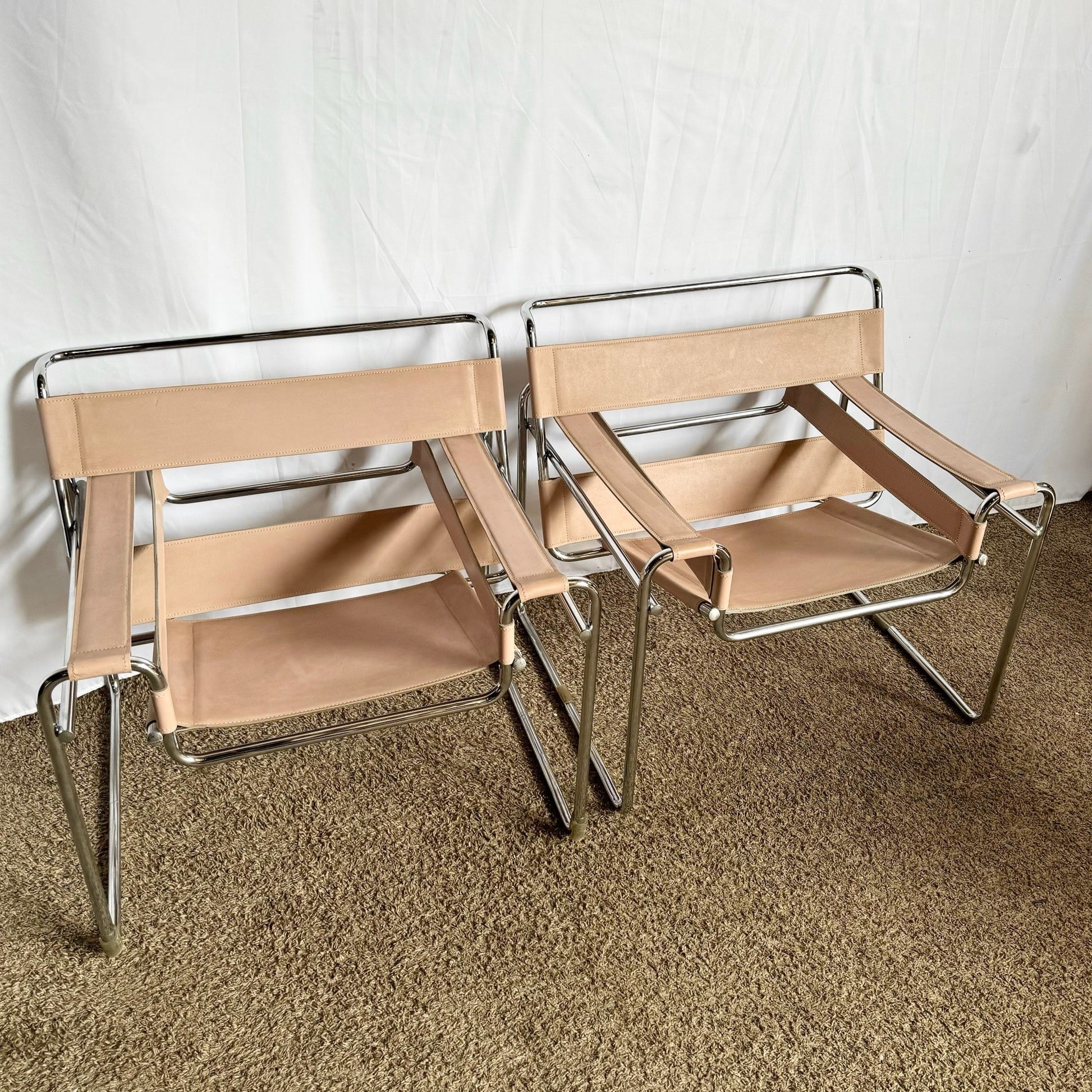 Mid Century Modern Pink and Chrome Lounge Chairs, Wassily Style - A Pair - Dolphin & Flamingo