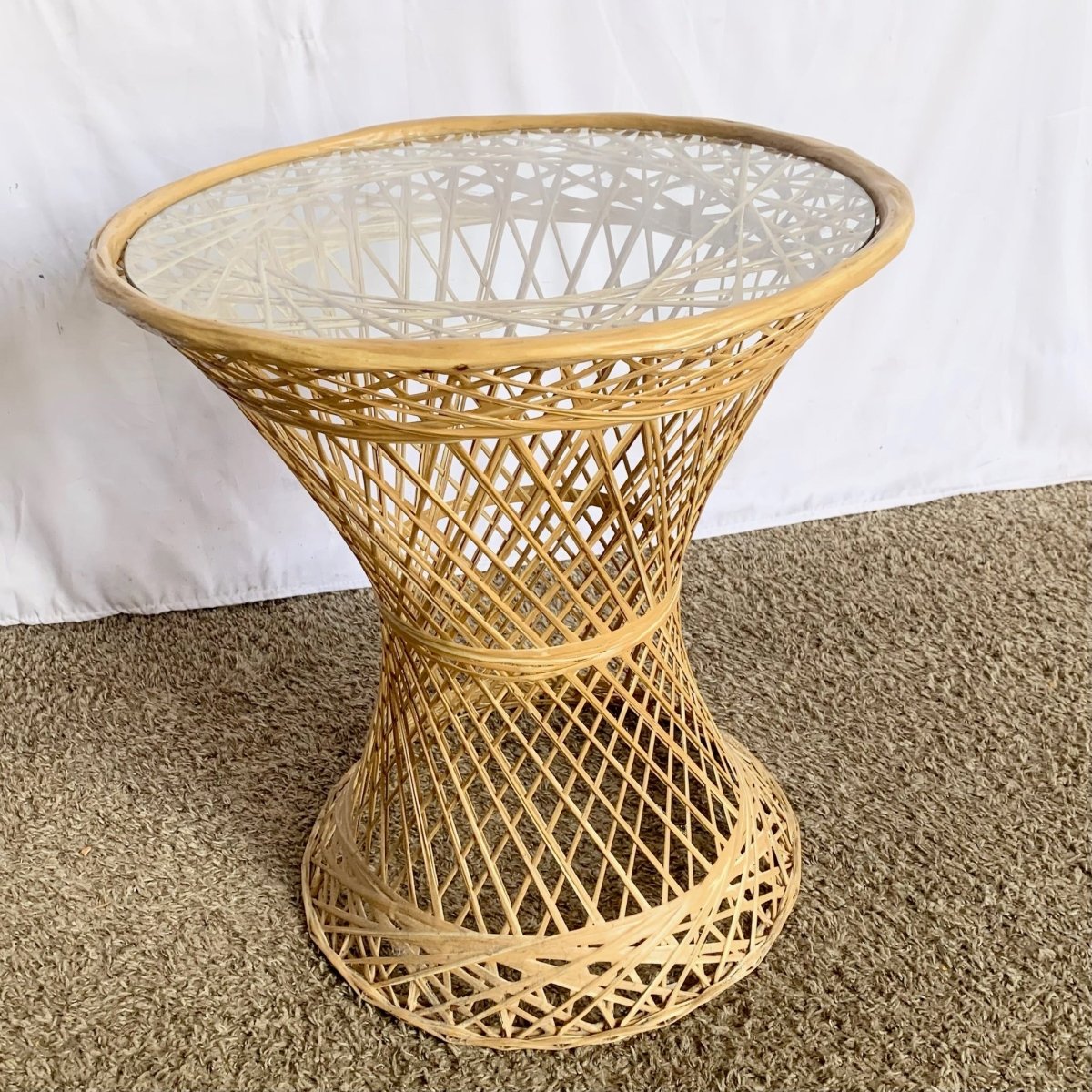 Mid Century Modern Spun Fiber Glass Hour Glass Side Table - Dolphin & Flamingo